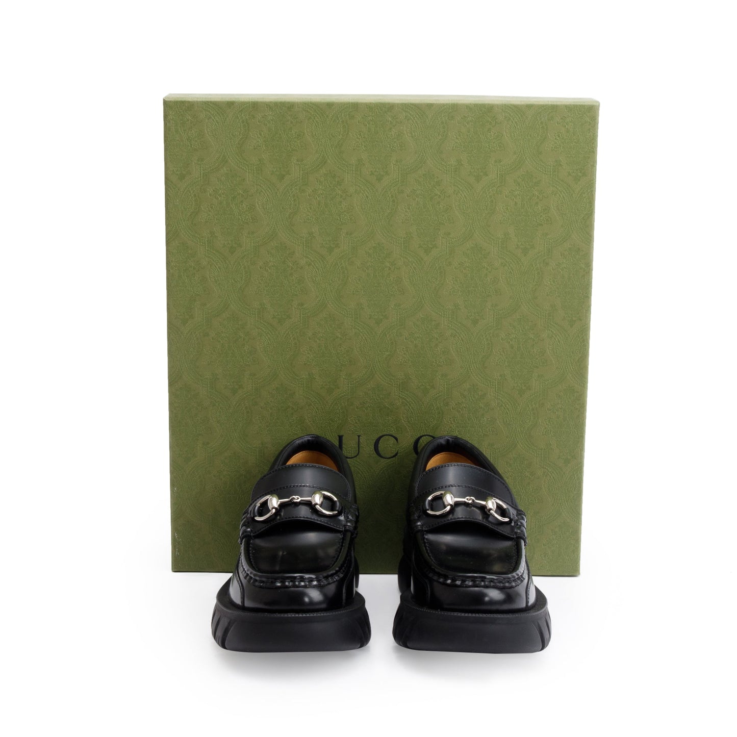 Gucci Black Magnum Calfskin Leather Horsebit Accent Samoa Platform Chunky Loafers, Size 5.5