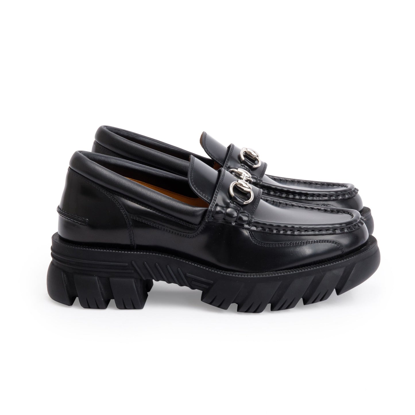 Gucci Black Magnum Calfskin Leather Horsebit Accent Samoa Platform Chunky Loafers, Size 5.5