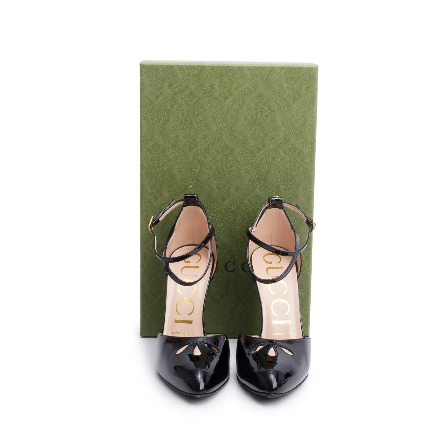 Gucci Black Patent Leather GG Indya Ankle Wrap Pumps, Size 37.5