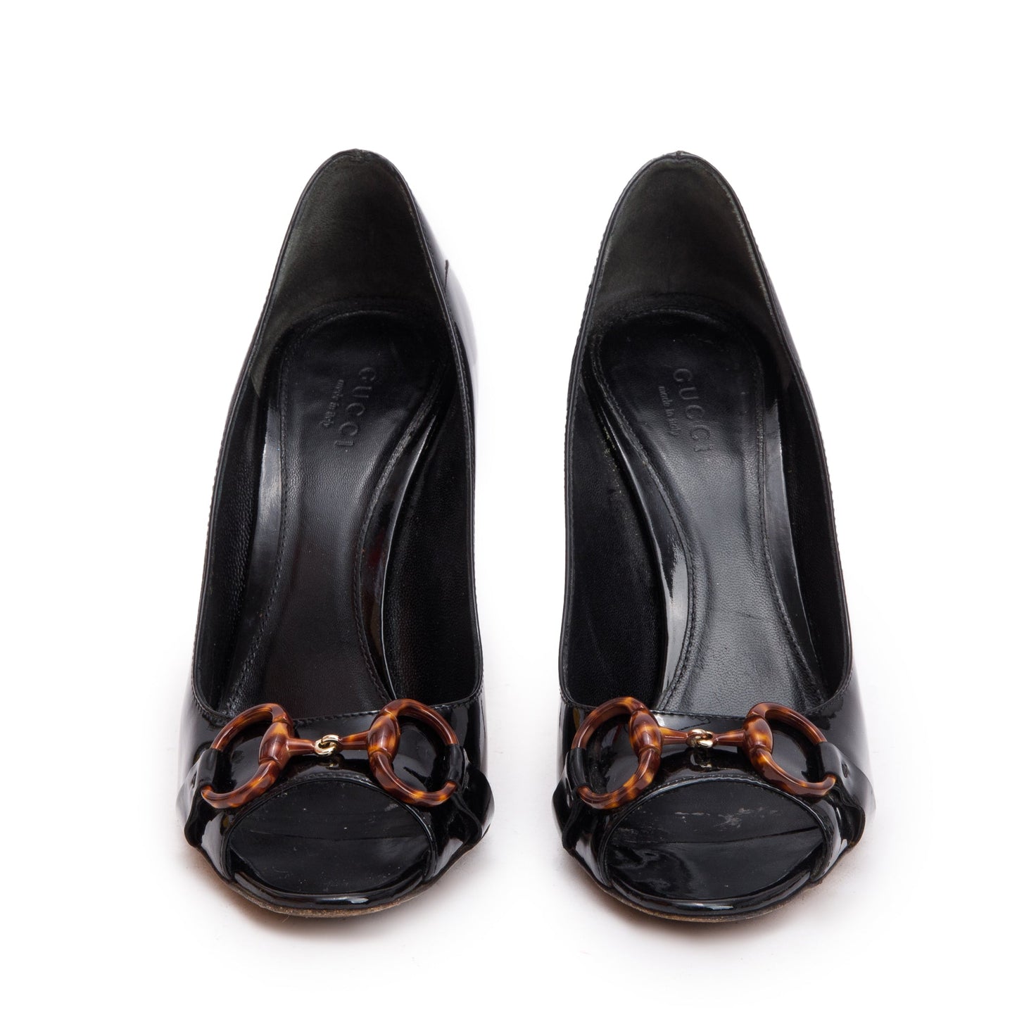 Gucci Black Patent Leather Horsebit Peep-Toe Pumps, Size 6