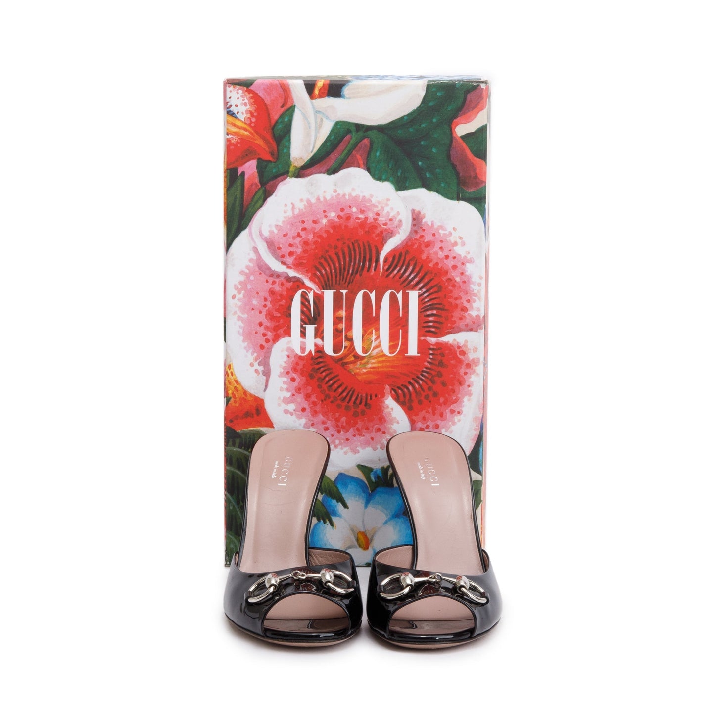 Gucci Black Patent Leather Horsebit Peep-Toe Sandals, Size 37