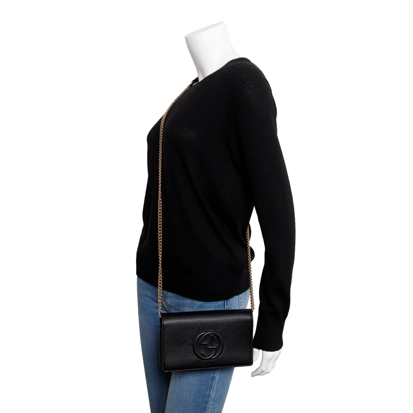 Gucci Black Pebbled Calfskin Soho Wallet On Chain