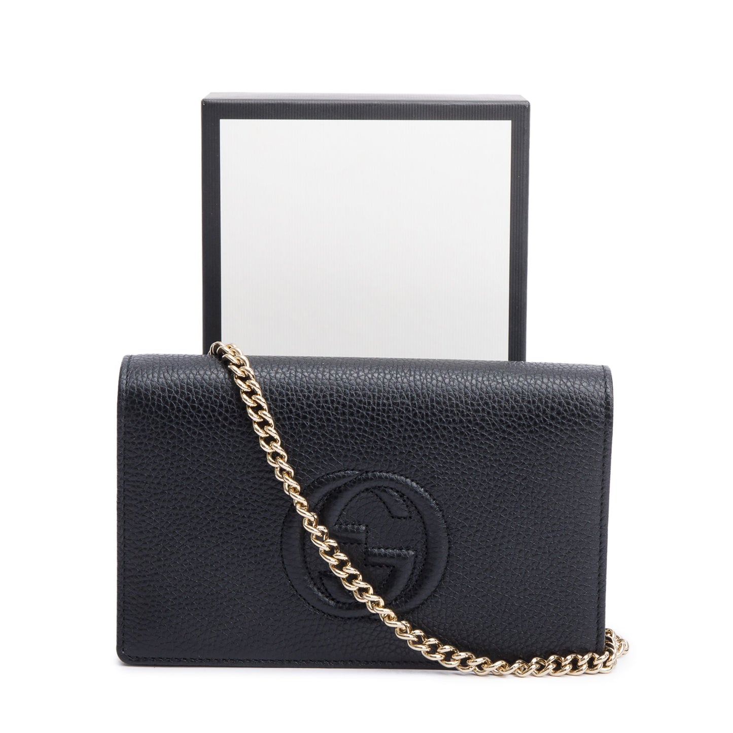 Gucci Black Pebbled Calfskin Soho Wallet On Chain