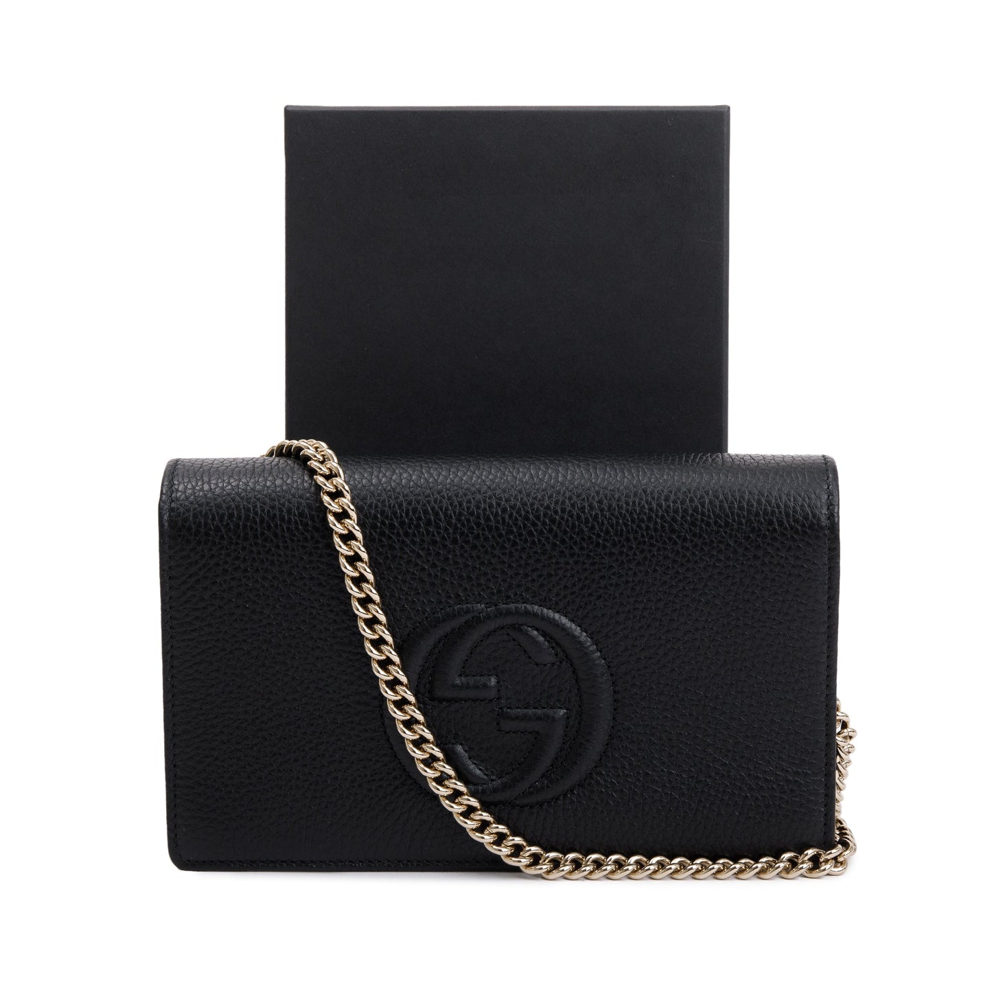 Gucci Black Pebbled Calfskin Soho Wallet On Chain