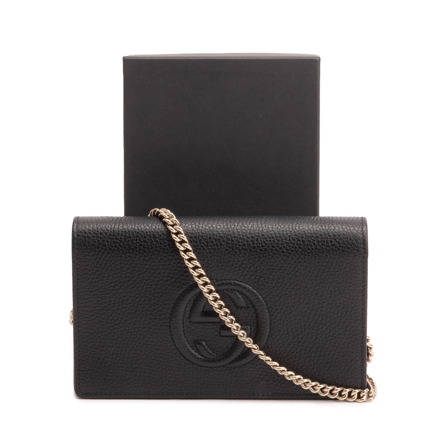 Gucci Black Pebbled Calfskin Soho Wallet On Chain