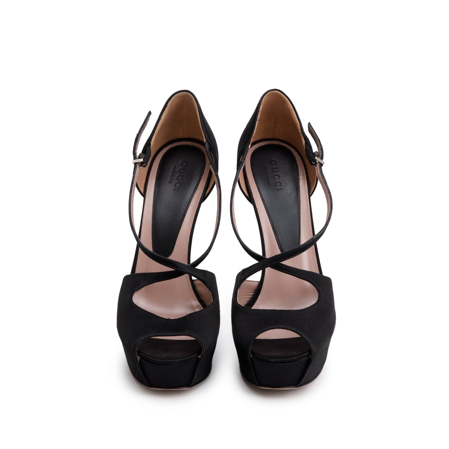 Gucci Black Satin Peep-Toe Platform Sandals, Size 37.5