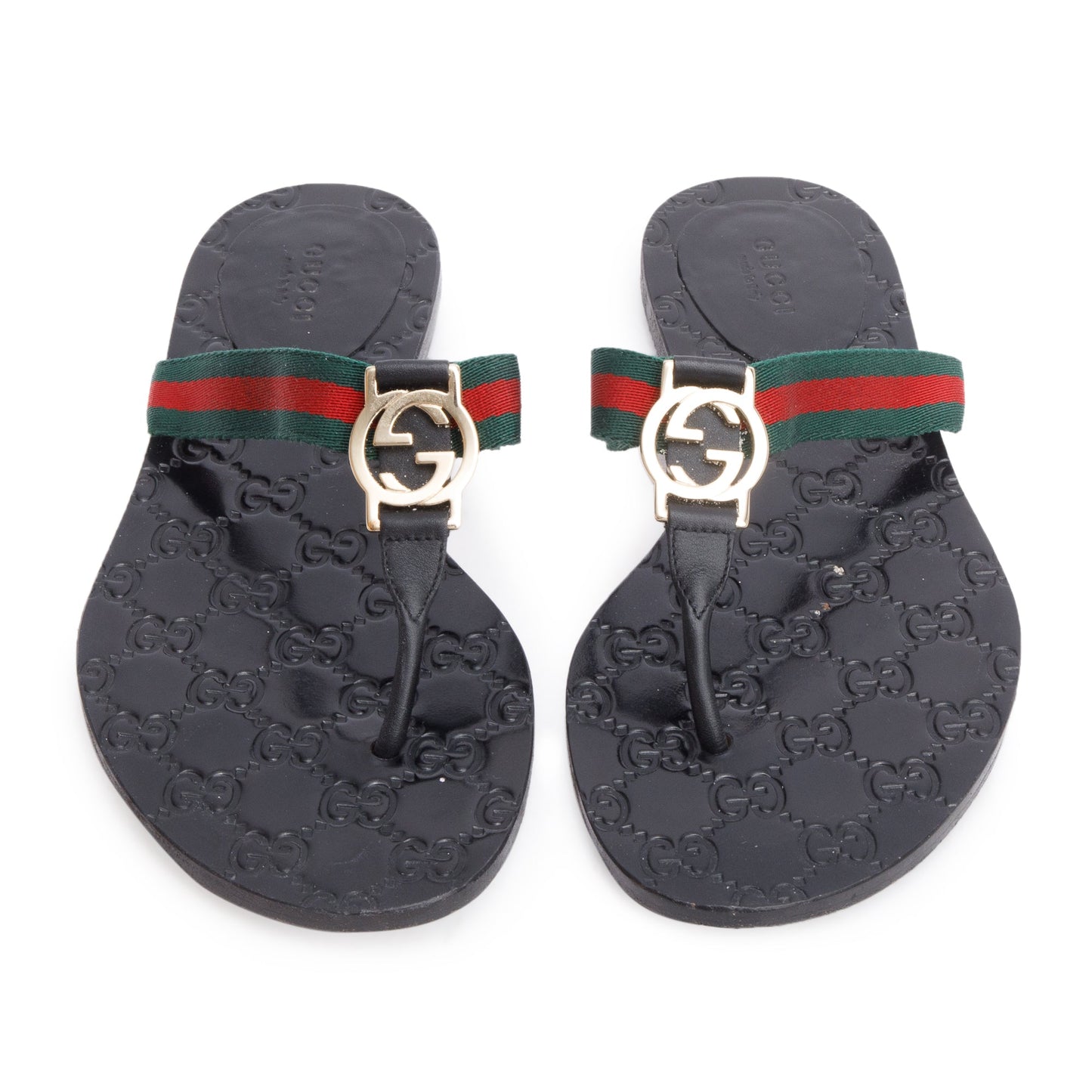 Gucci Black Signature Leather Web Canvas Interlocking G Logo Thong Sandals, Size 37.5