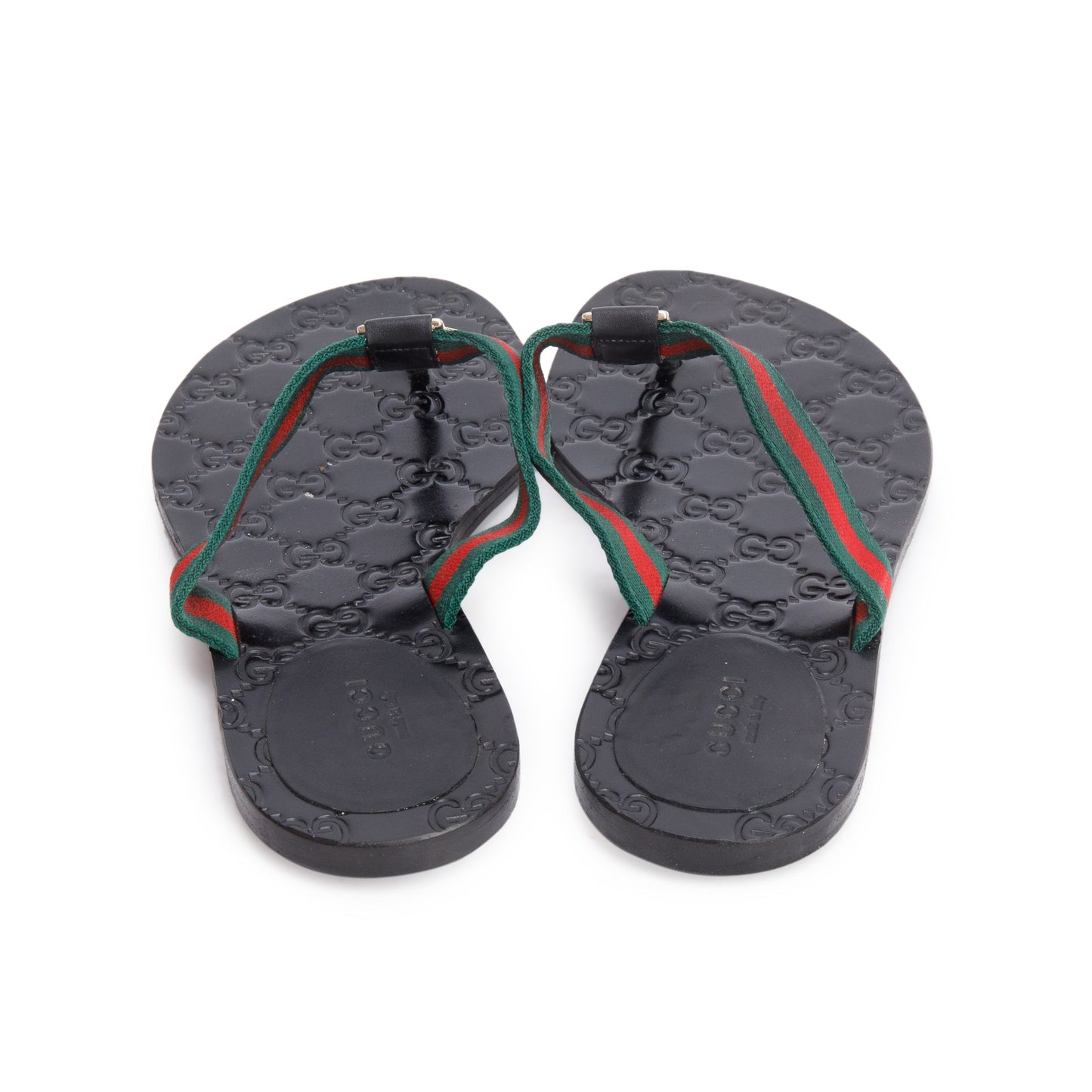 Gucci Black Signature Leather Web Canvas Interlocking G Logo Thong Sandals, Size 37.5