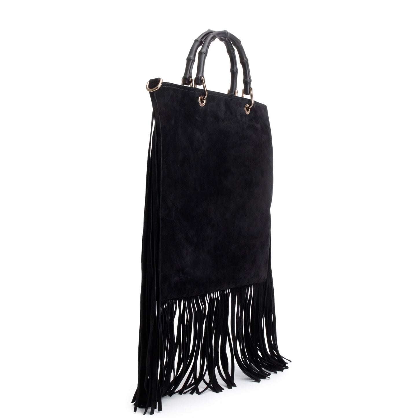Gucci Black Suede Bamboo Fringe Shopper Tote