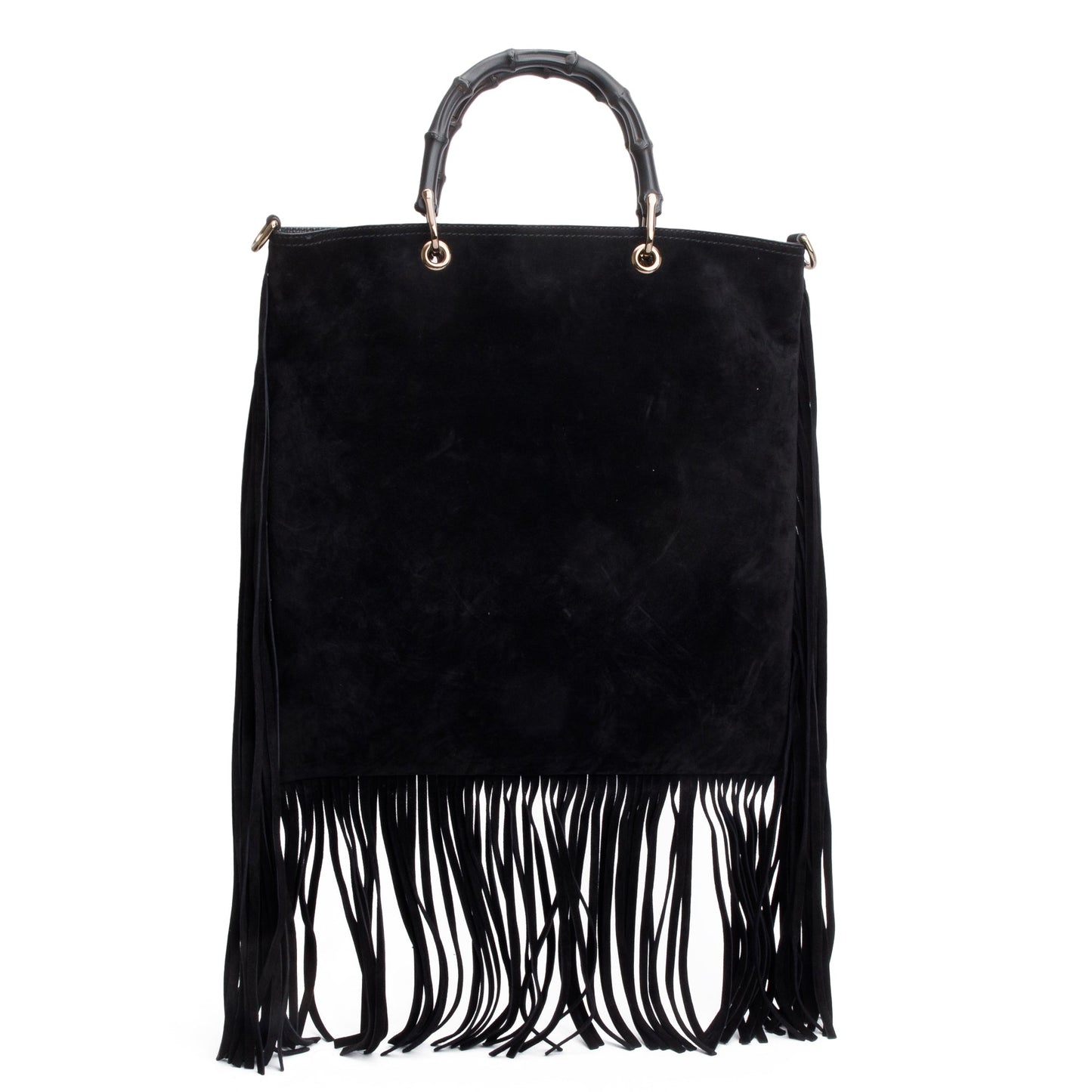 Gucci Black Suede Bamboo Fringe Shopper Tote