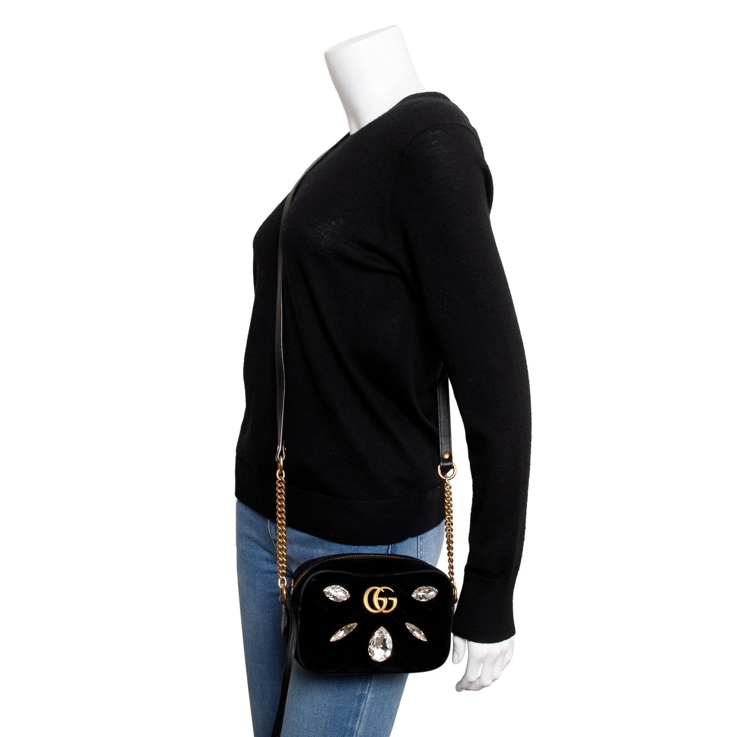 Gucci Black Velvet GG Marmont Matelasse Crystal Mini Shoulder Bag
