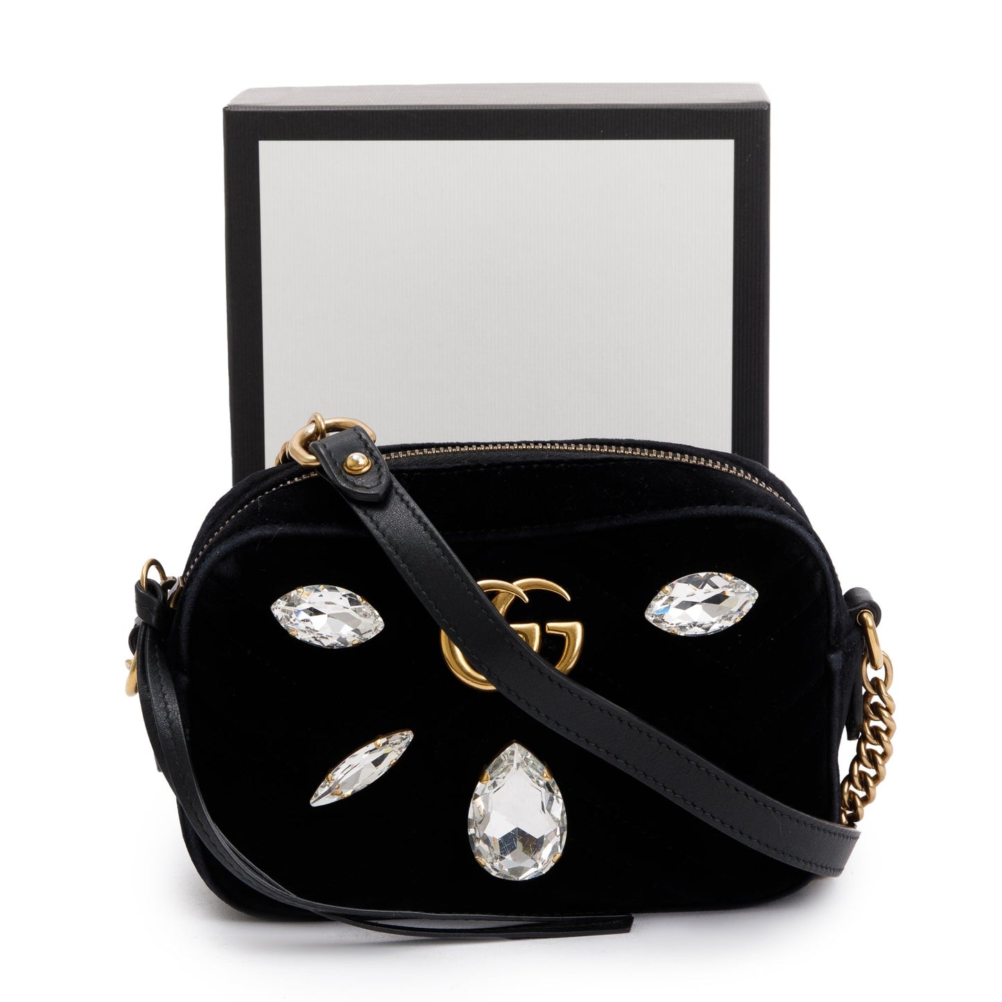 Gucci Black Velvet GG Marmont Matelasse Crystal Mini Shoulder Bag
