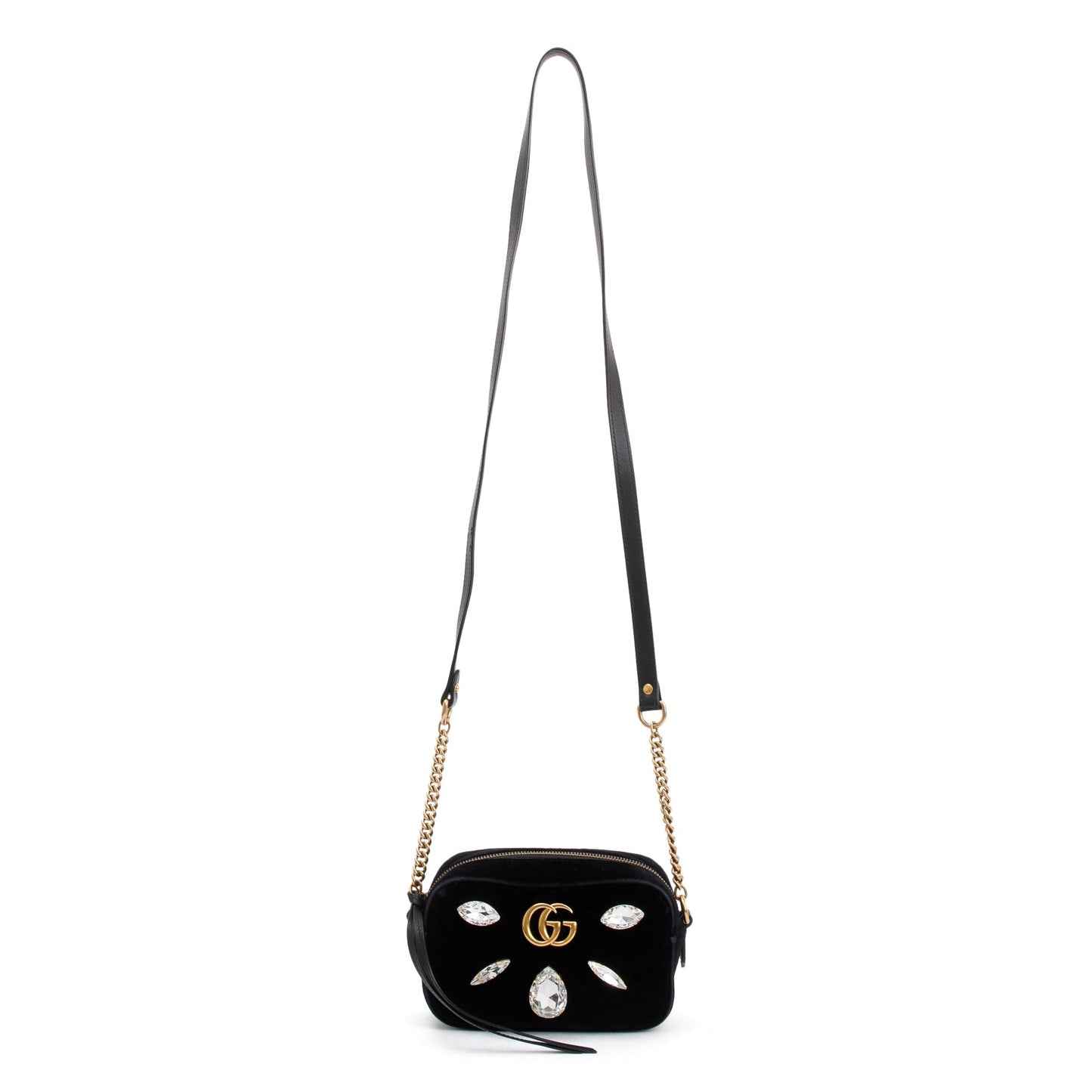 Gucci Black Velvet GG Marmont Matelasse Crystal Mini Shoulder Bag