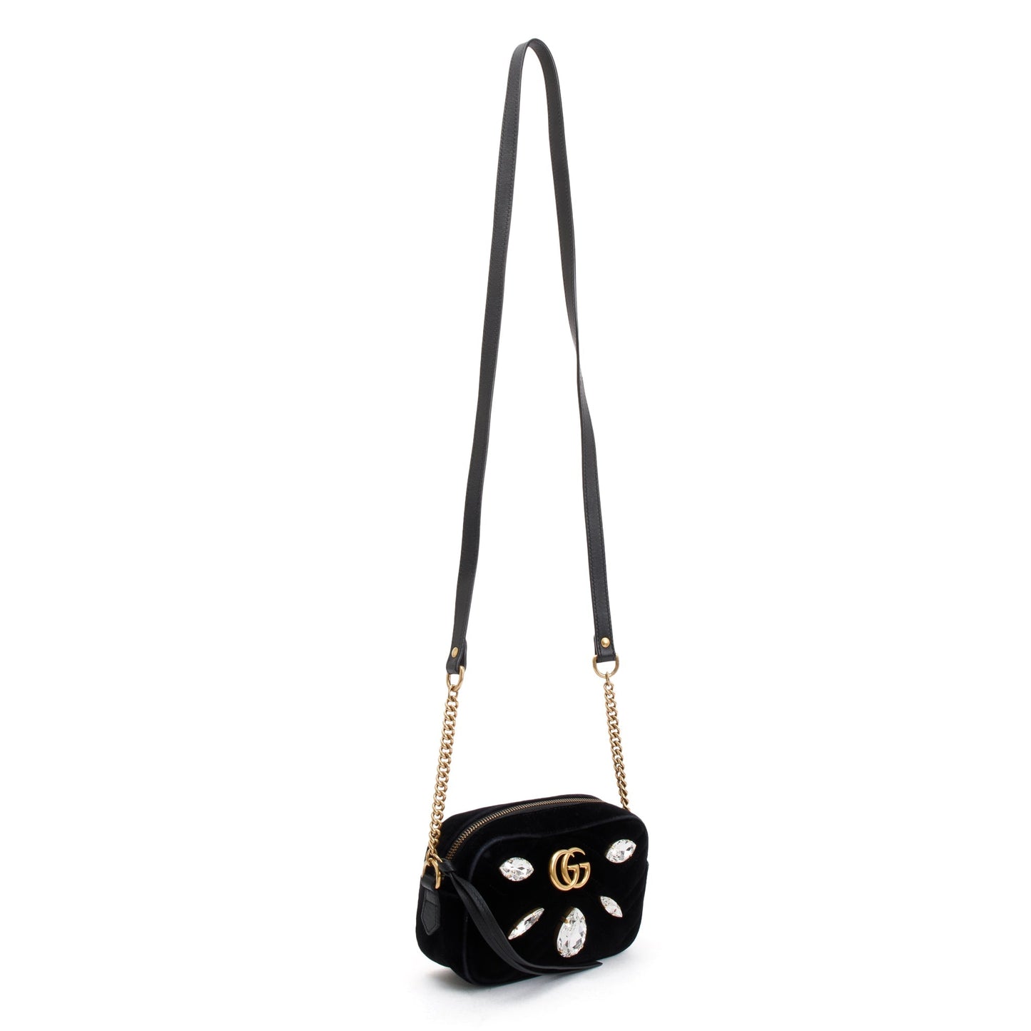 Gucci Black Velvet GG Marmont Matelasse Crystal Mini Shoulder Bag