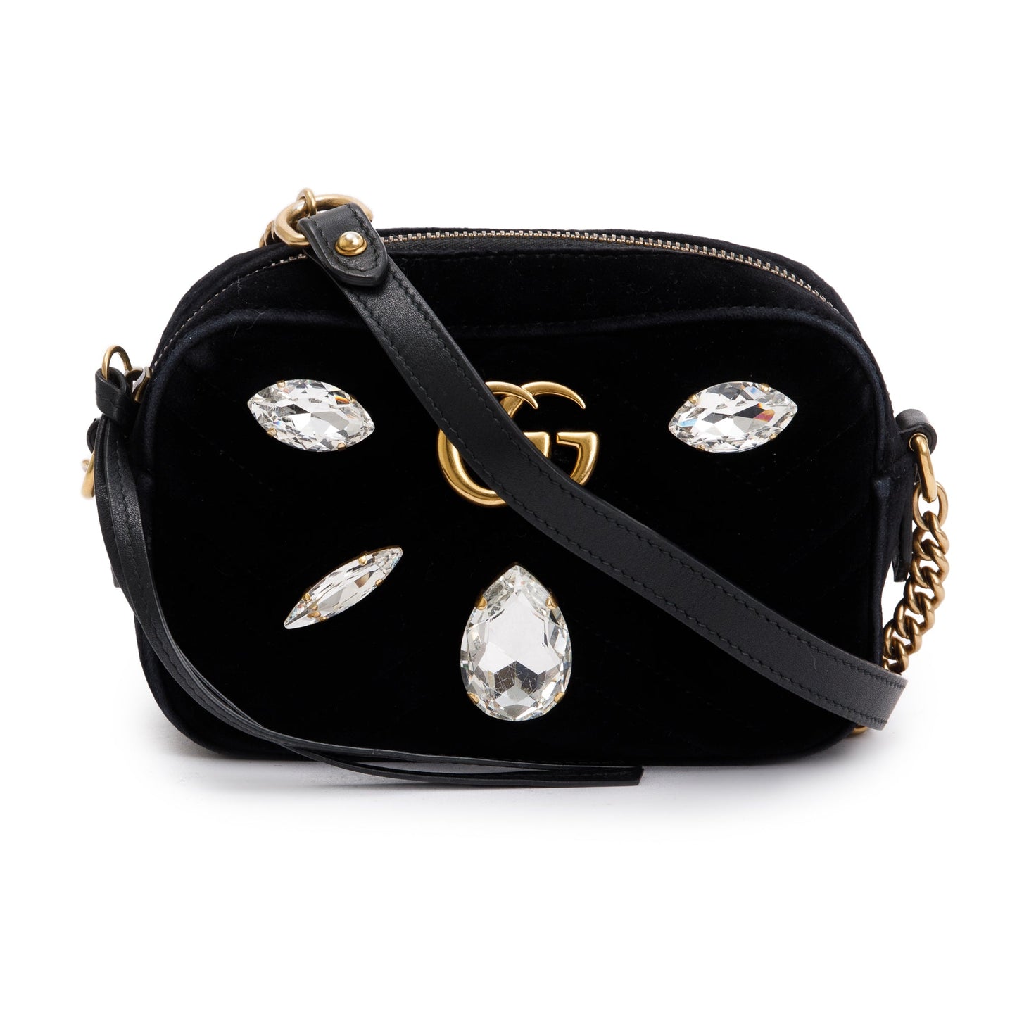 Gucci Black Velvet GG Marmont Matelasse Crystal Mini Shoulder Bag