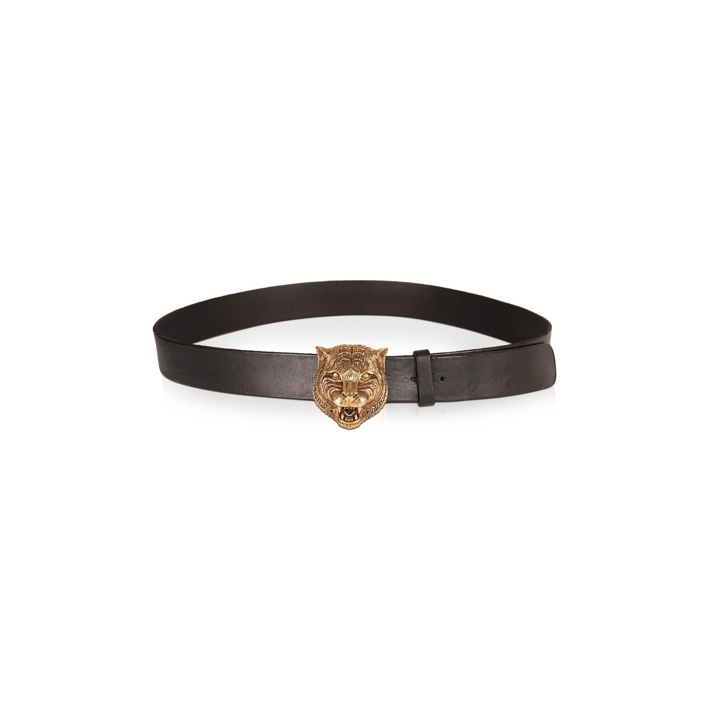 Gucci Black Wide Leather Belt with Feline Buckle