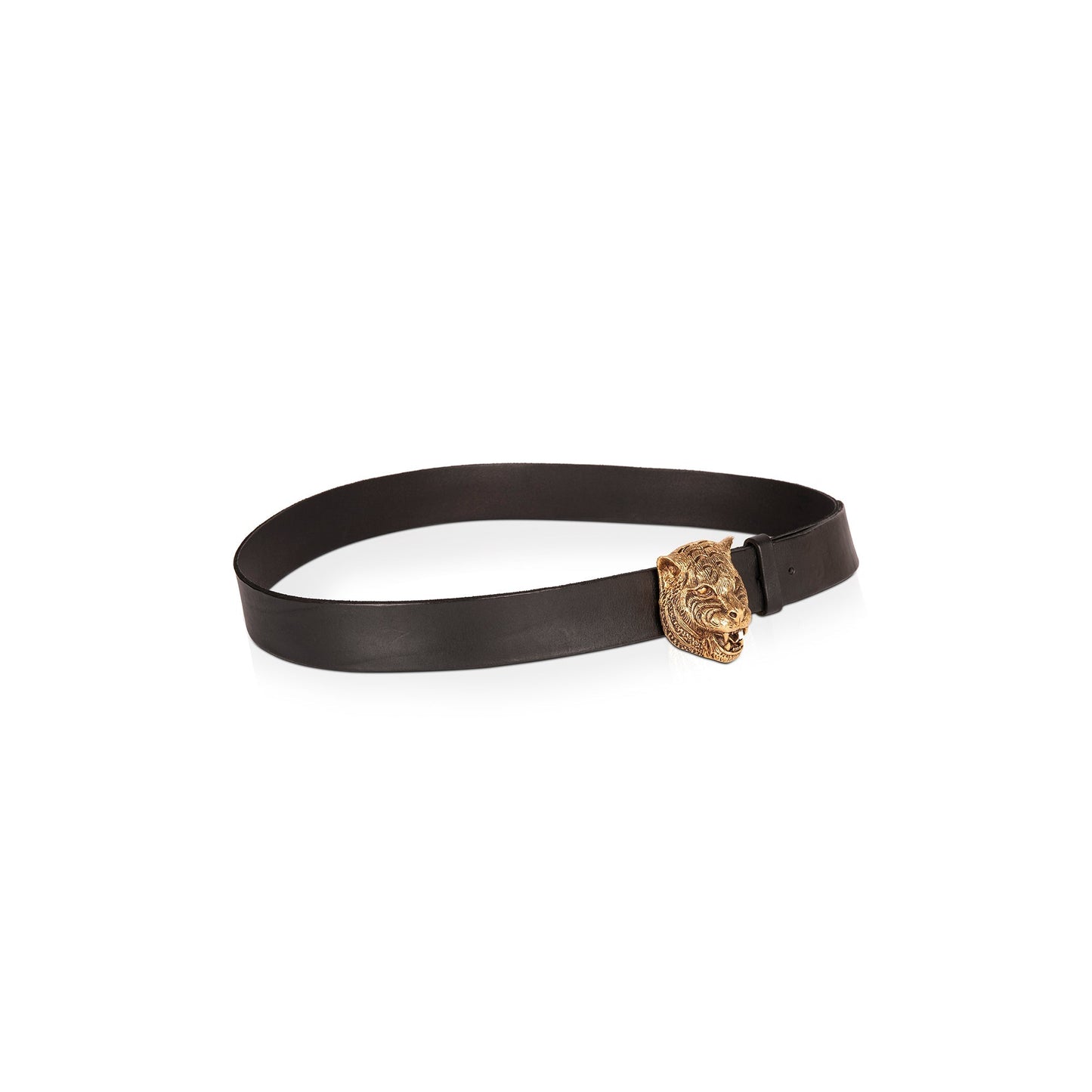 Gucci Black Wide Leather Belt with Feline Buckle