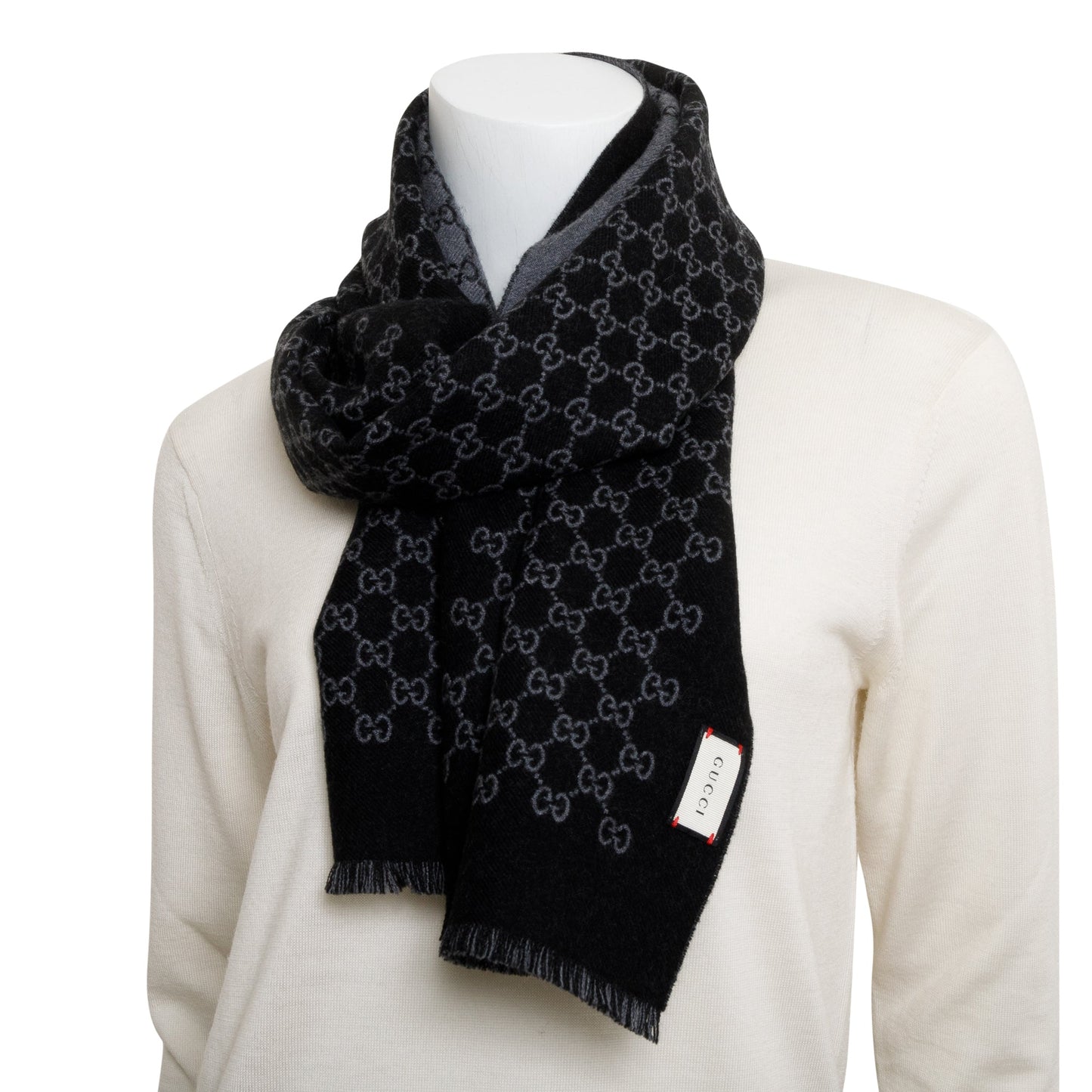Gucci Black/Grey Double Jacquard GG Wool Scarf