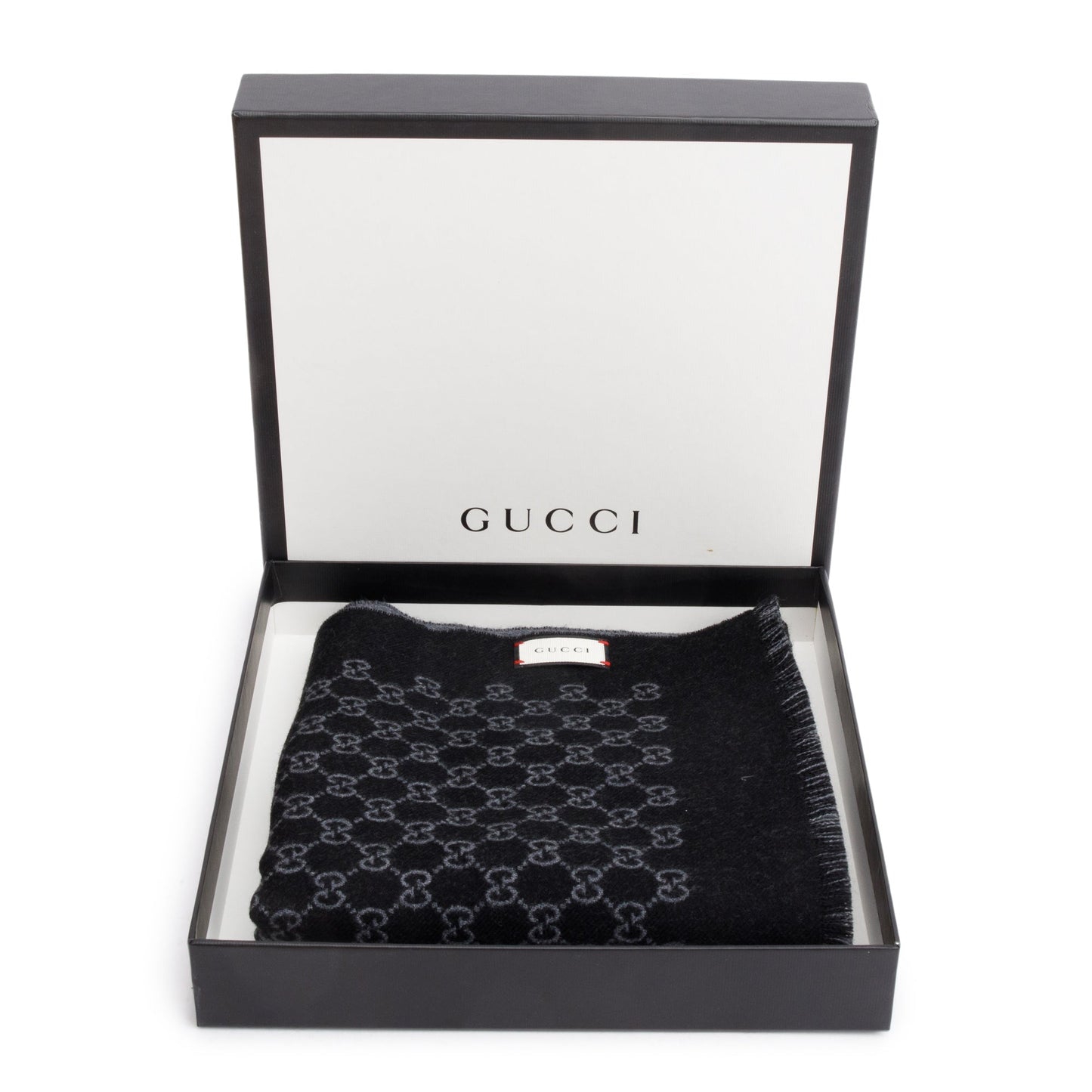 Gucci Black/Grey Double Jacquard GG Wool Scarf