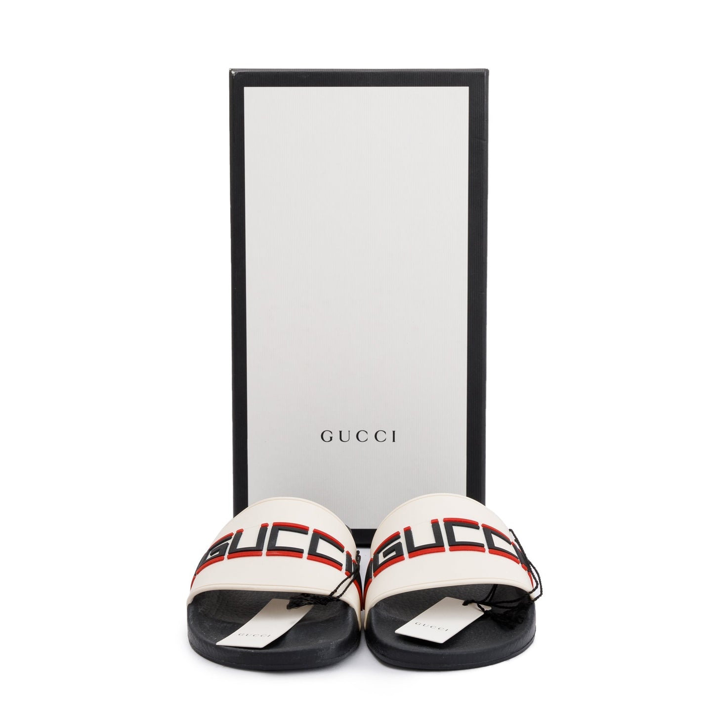Gucci Black/White Rubber Logo Slides, Size 7.5