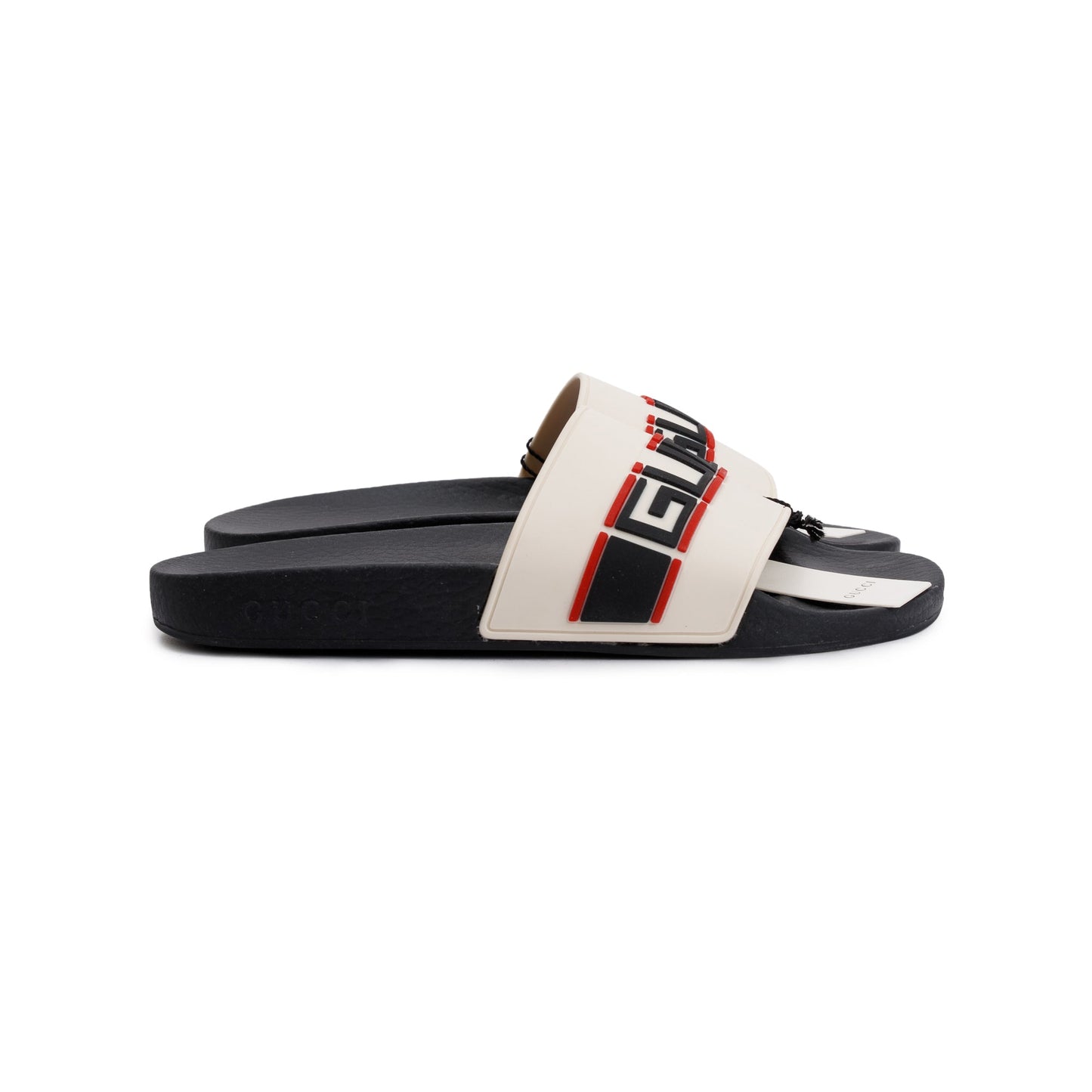 Gucci Black/White Rubber Logo Slides, Size 7.5