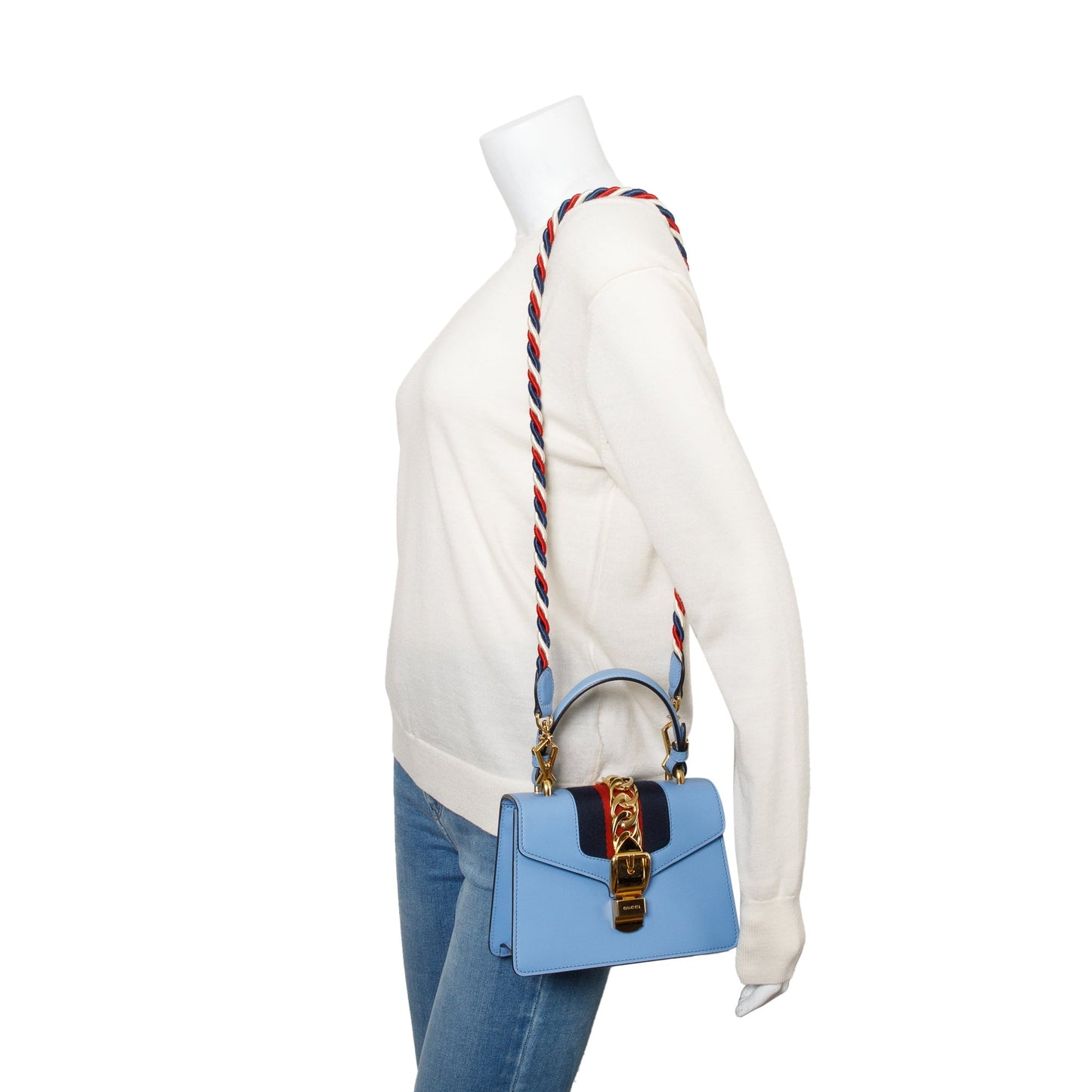 Gucci Blue Calfskin Leather Mini Sylvie Handle Bag