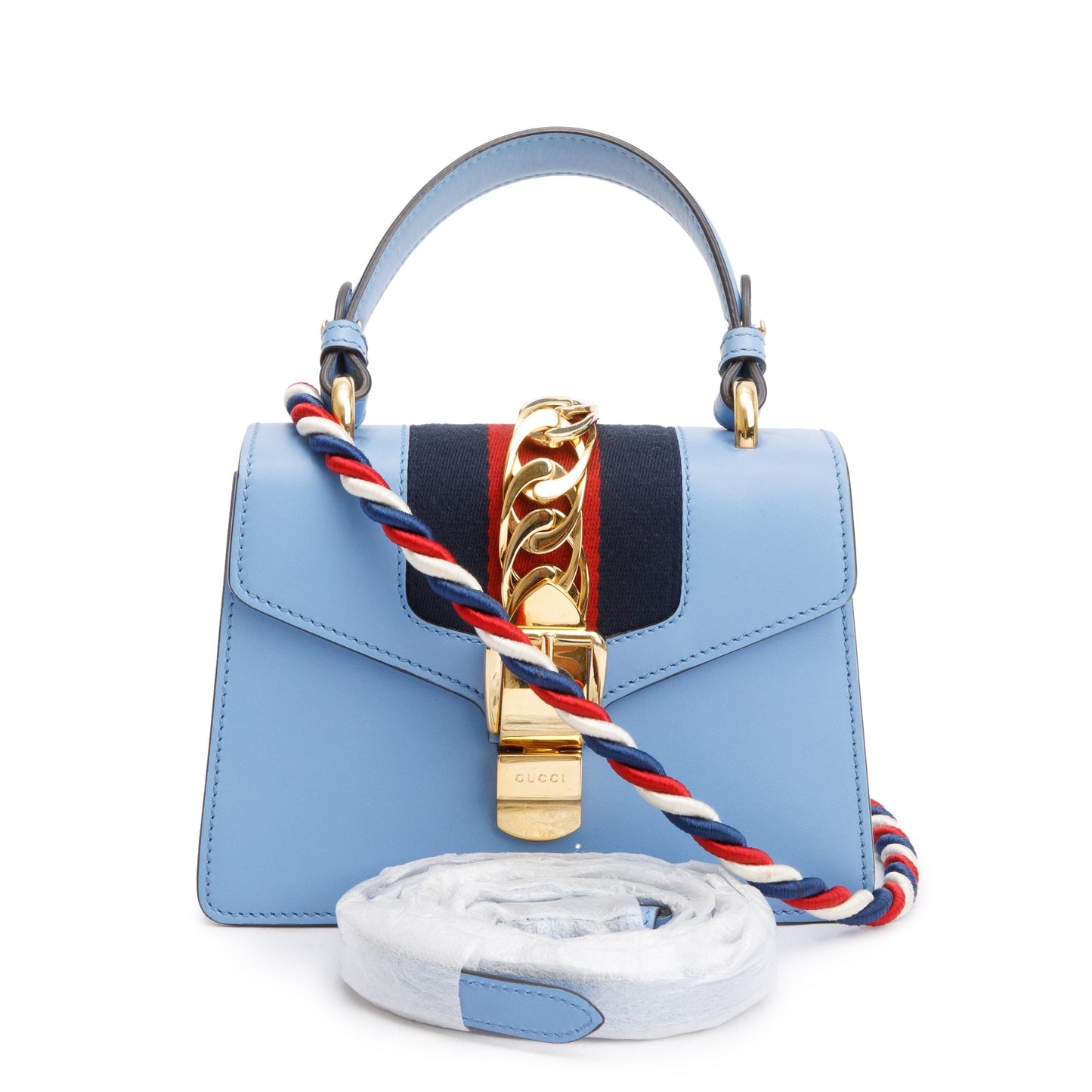 Gucci Blue Calfskin Leather Mini Sylvie Handle Bag