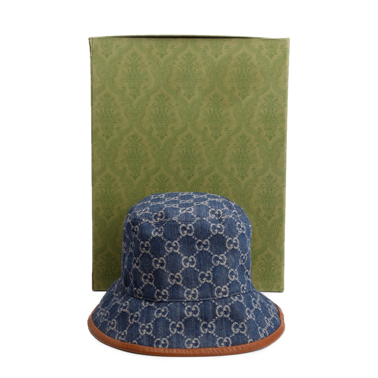 Gucci Blue GG Denim Brown Leather Bucket Hat, Size M 58