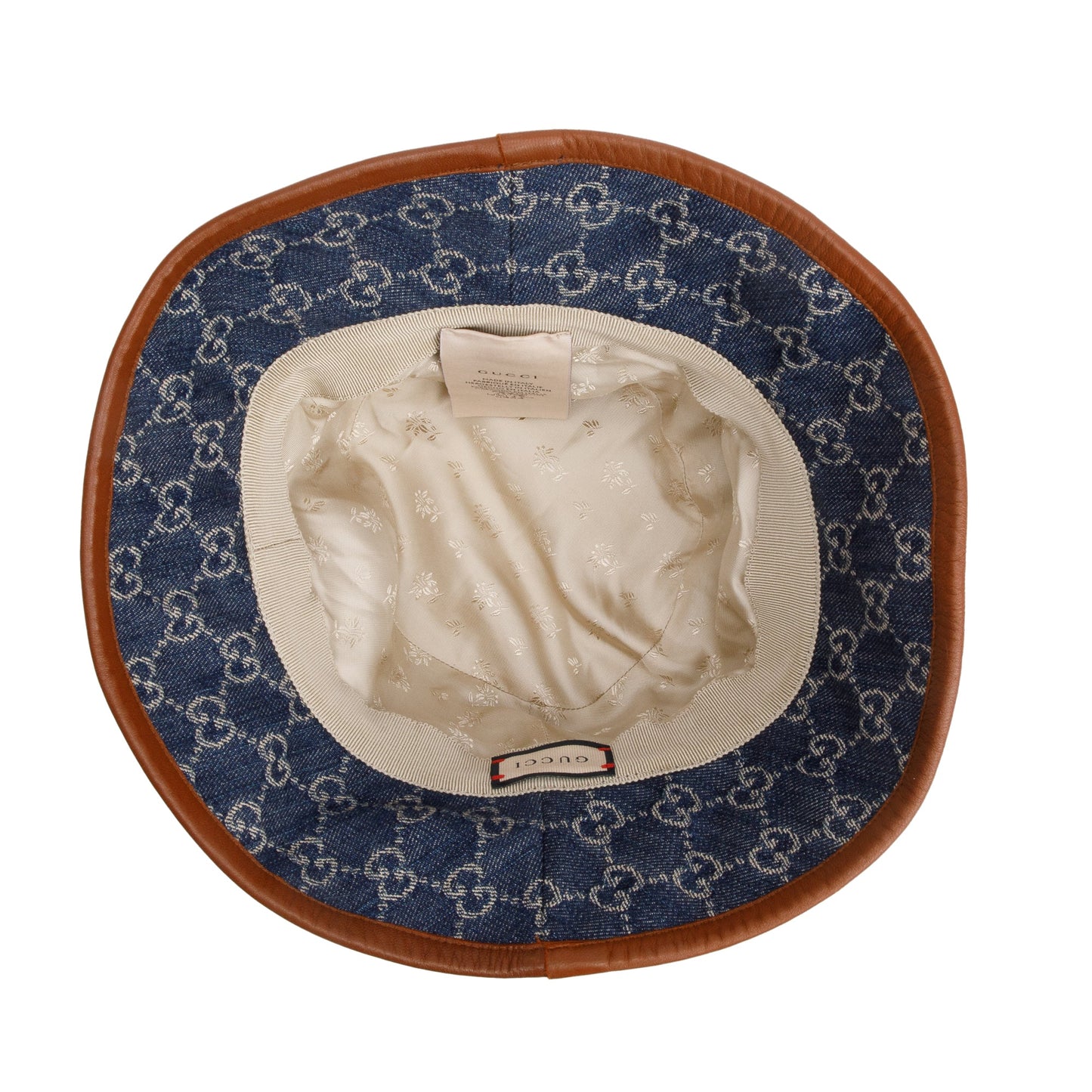 Gucci Blue GG Denim Brown Leather Bucket Hat, Size M 58