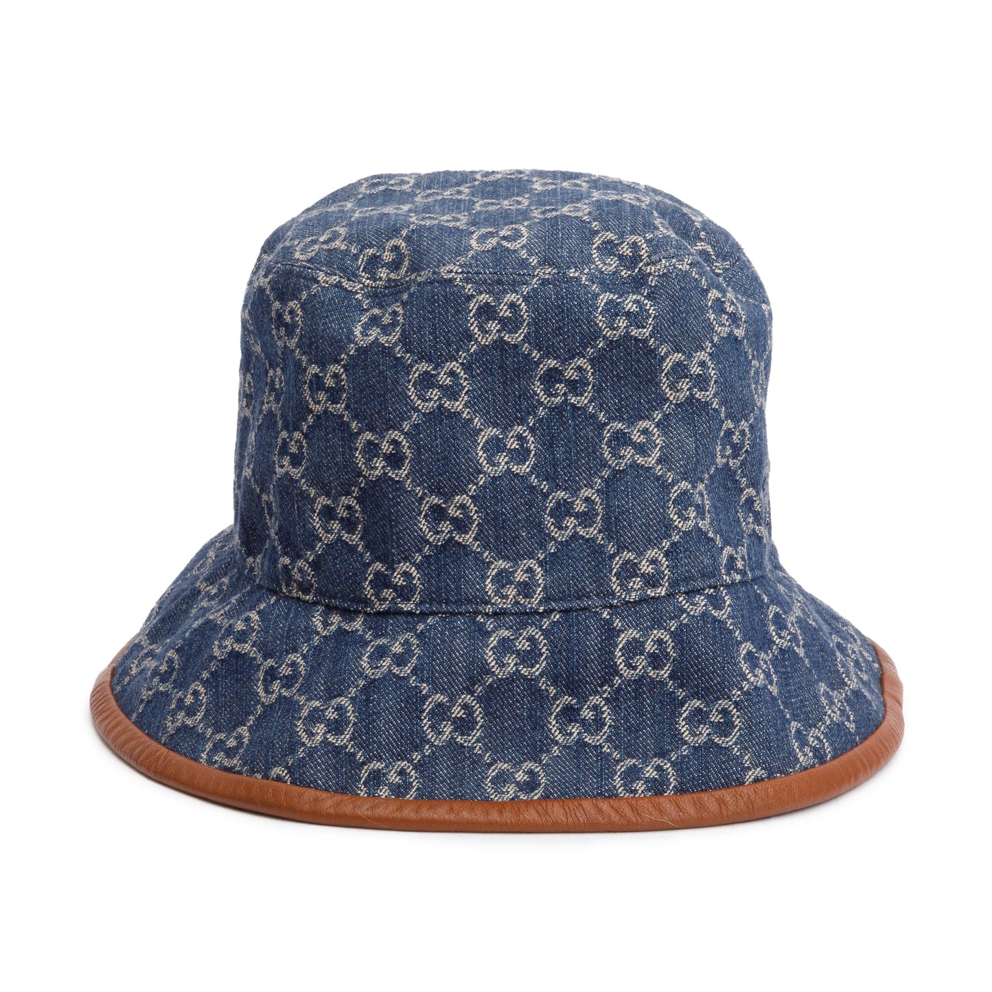 Gucci Blue GG Denim Brown Leather Bucket Hat, Size M 58