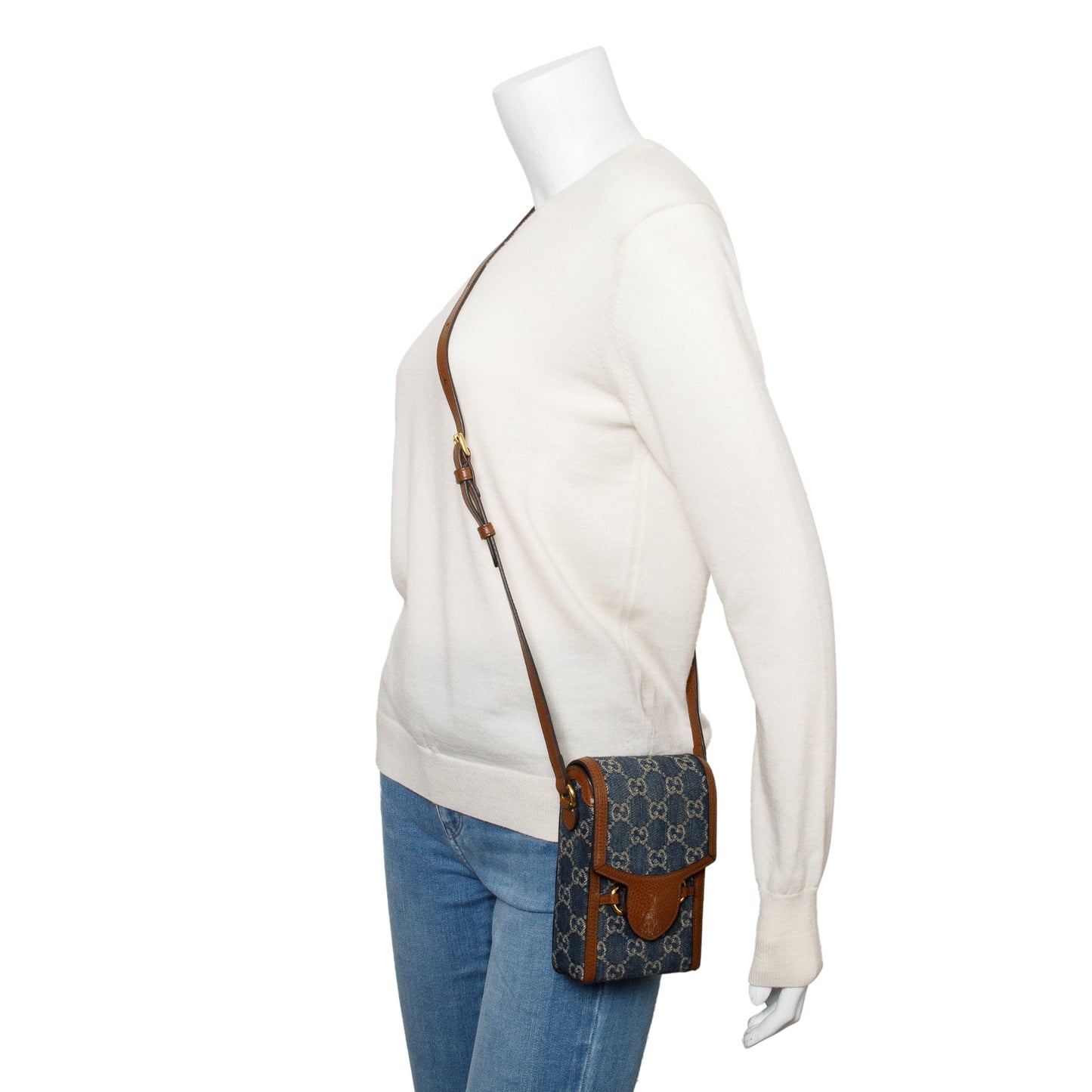 Gucci Blue GG Denim Brown Leather Trim Mini Horsebit 1955 Crossbody Bag