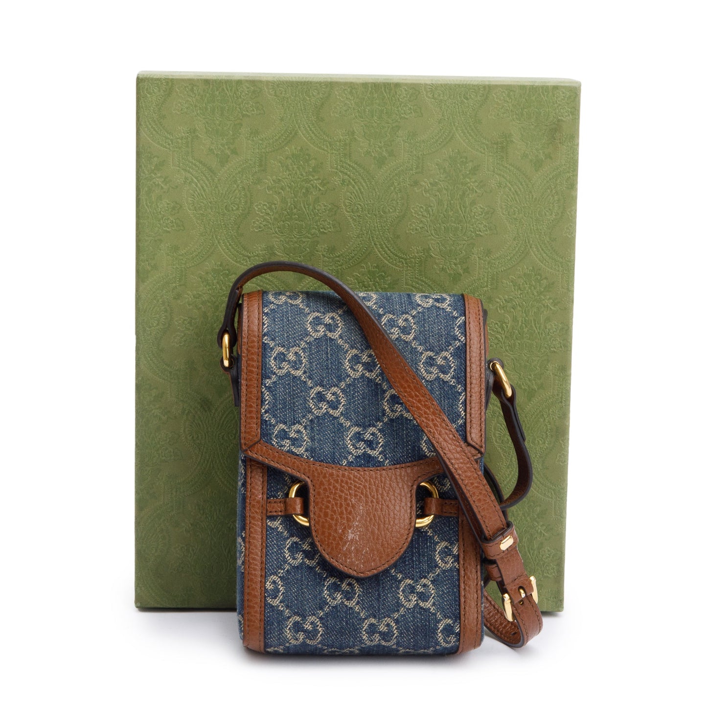 Gucci Blue GG Denim Brown Leather Trim Mini Horsebit 1955 Crossbody Bag