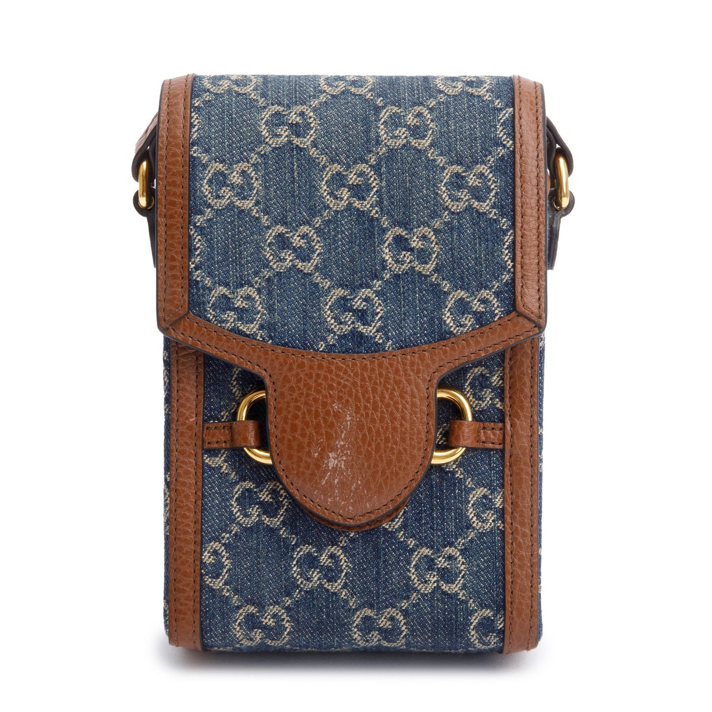Gucci Blue GG Denim Brown Leather Trim Mini Horsebit 1955 Crossbody Bag
