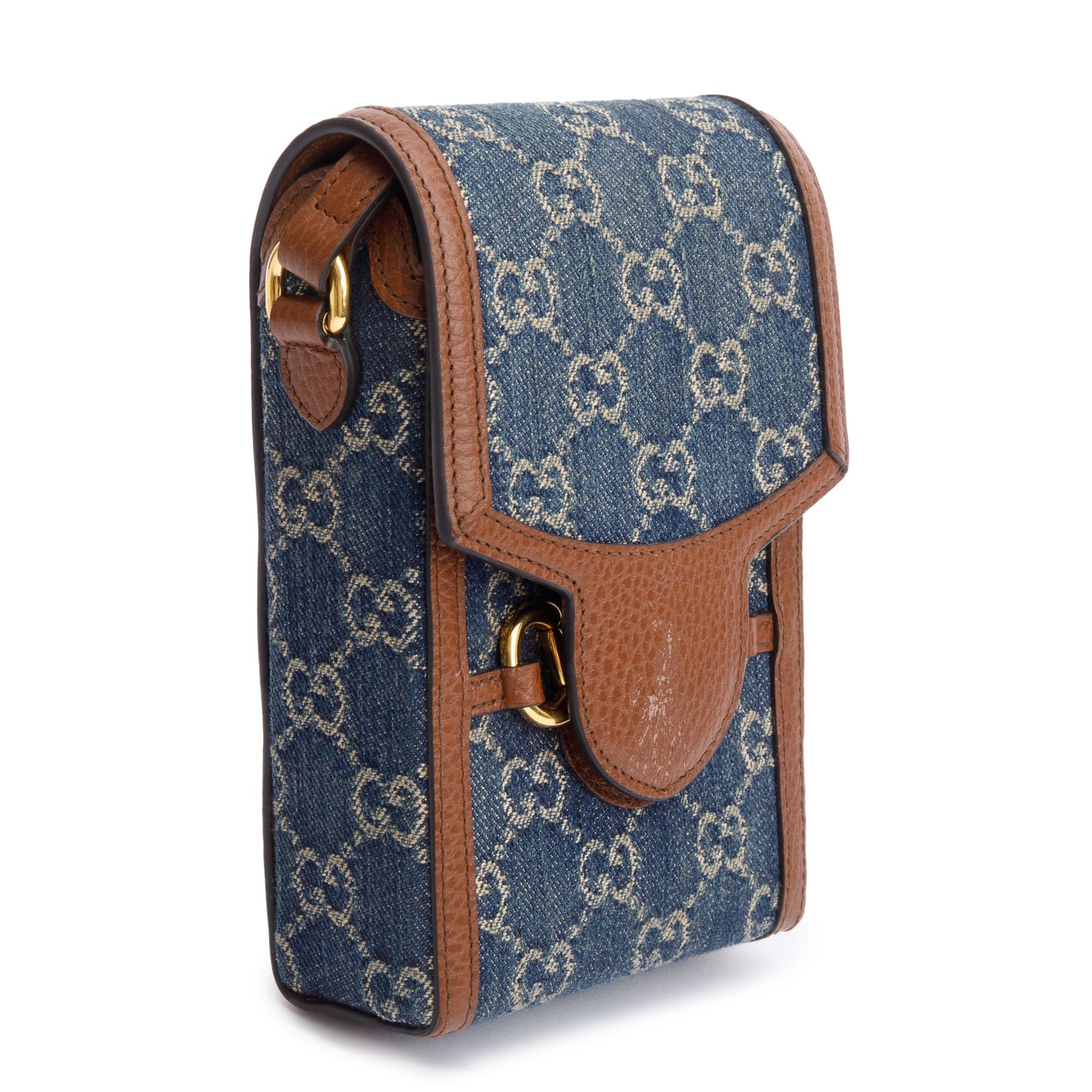 Gucci Blue GG Denim Brown Leather Trim Mini Horsebit 1955 Crossbody Bag