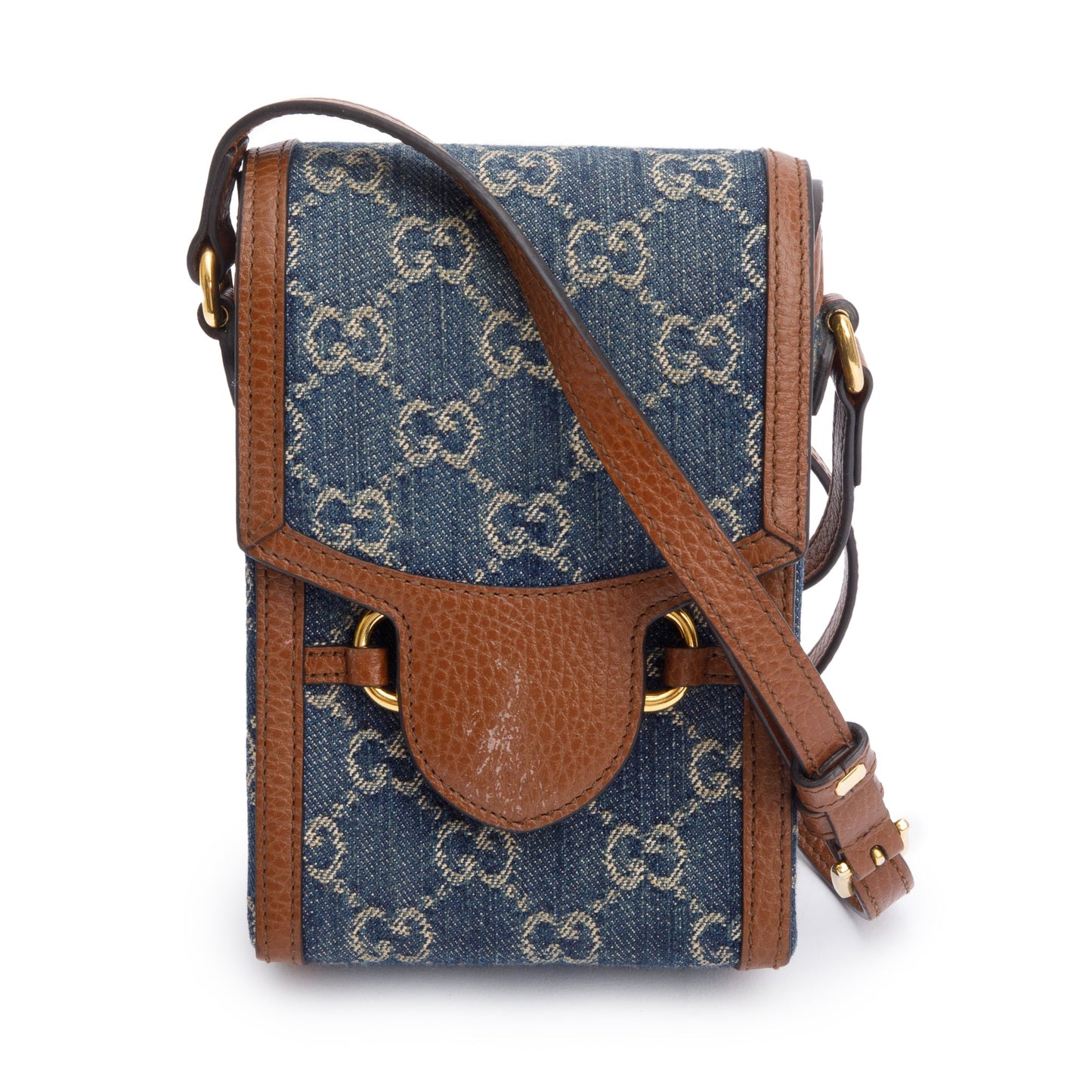 Gucci Blue GG Denim Brown Leather Trim Mini Horsebit 1955 Crossbody Bag