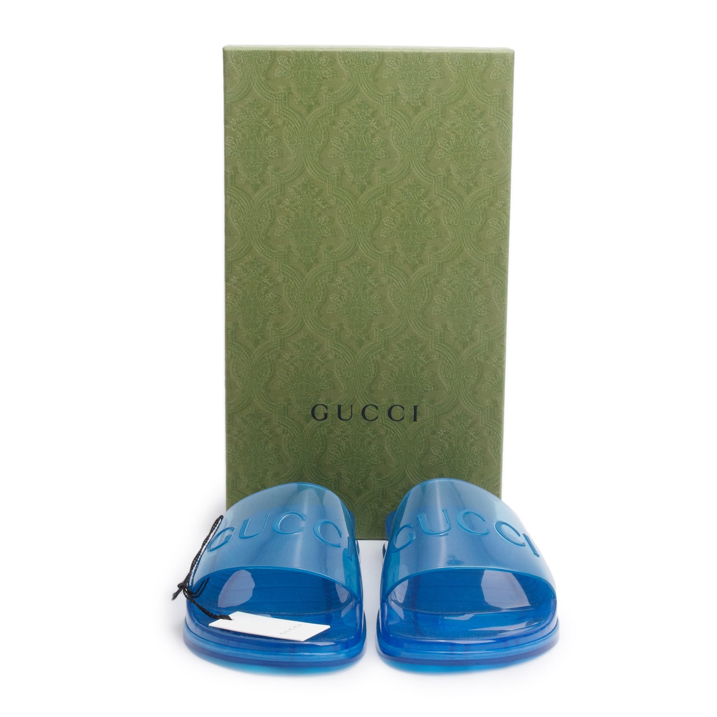 Gucci Blue Transparent Rubber Logo Slides, Size 10