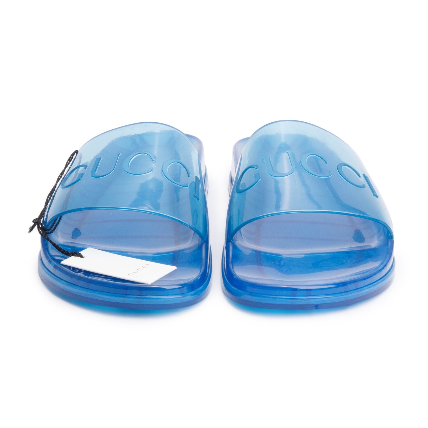 Gucci Blue Transparent Rubber Logo Slides, Size 10