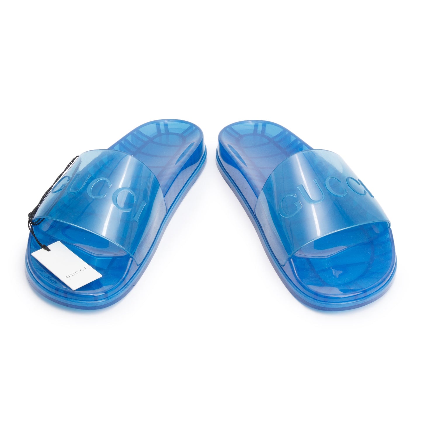 Gucci Blue Transparent Rubber Logo Slides, Size 10
