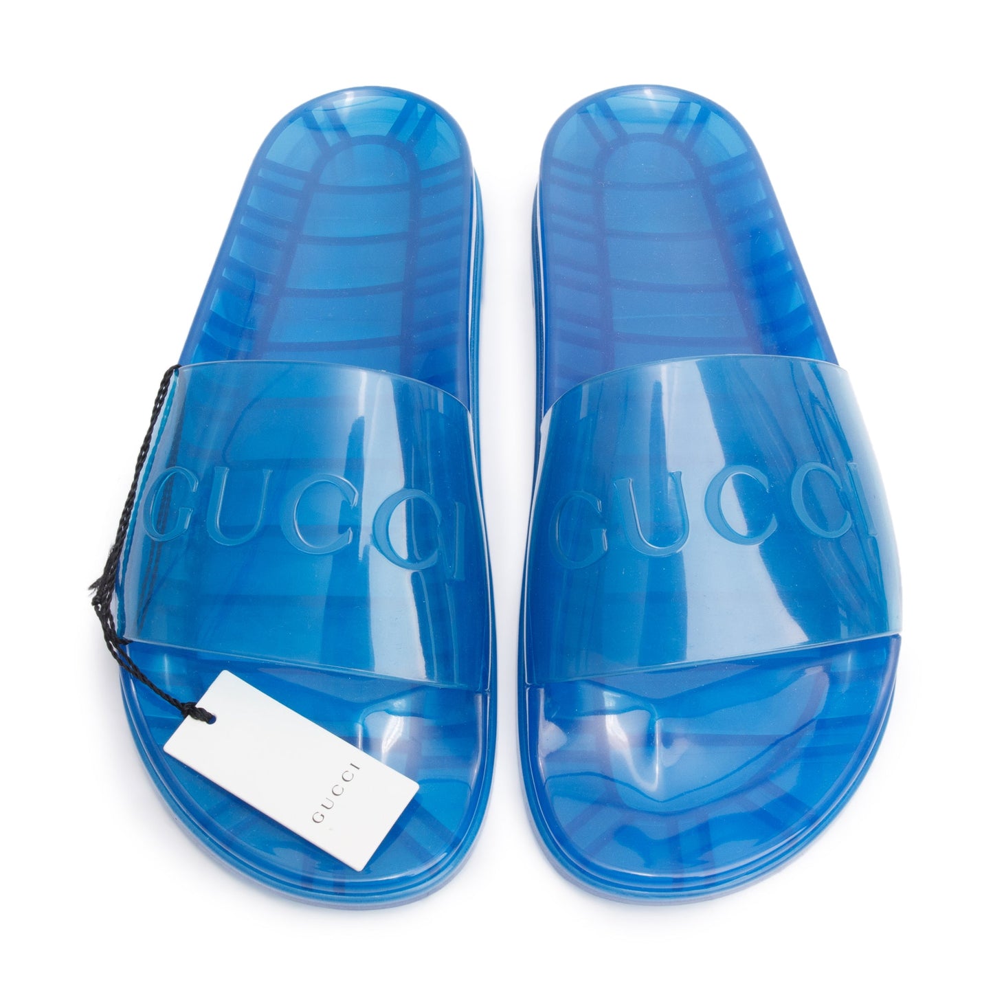 Gucci Blue Transparent Rubber Logo Slides, Size 10