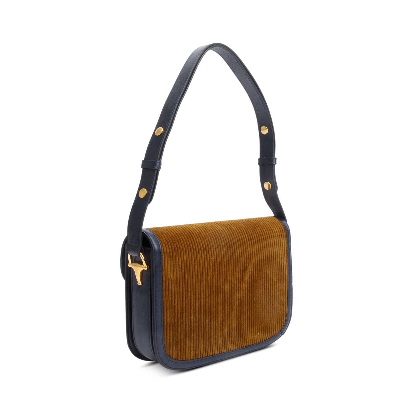 Gucci Brown Corduroy Blue Leather Trim Horsebit 1955 Small Shoulder Bag