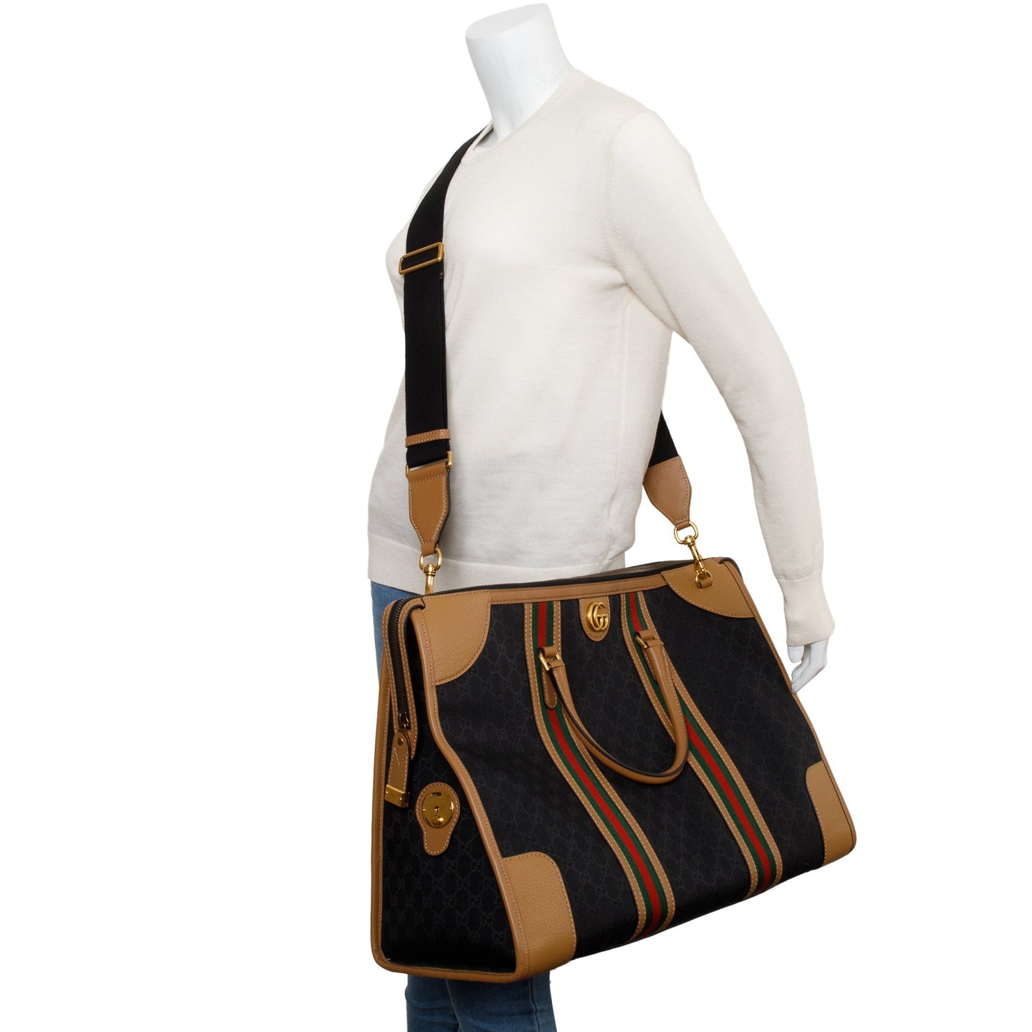 Gucci Brown GG Canvas Tan Leather Bauletto Extra Large Duffle Bag