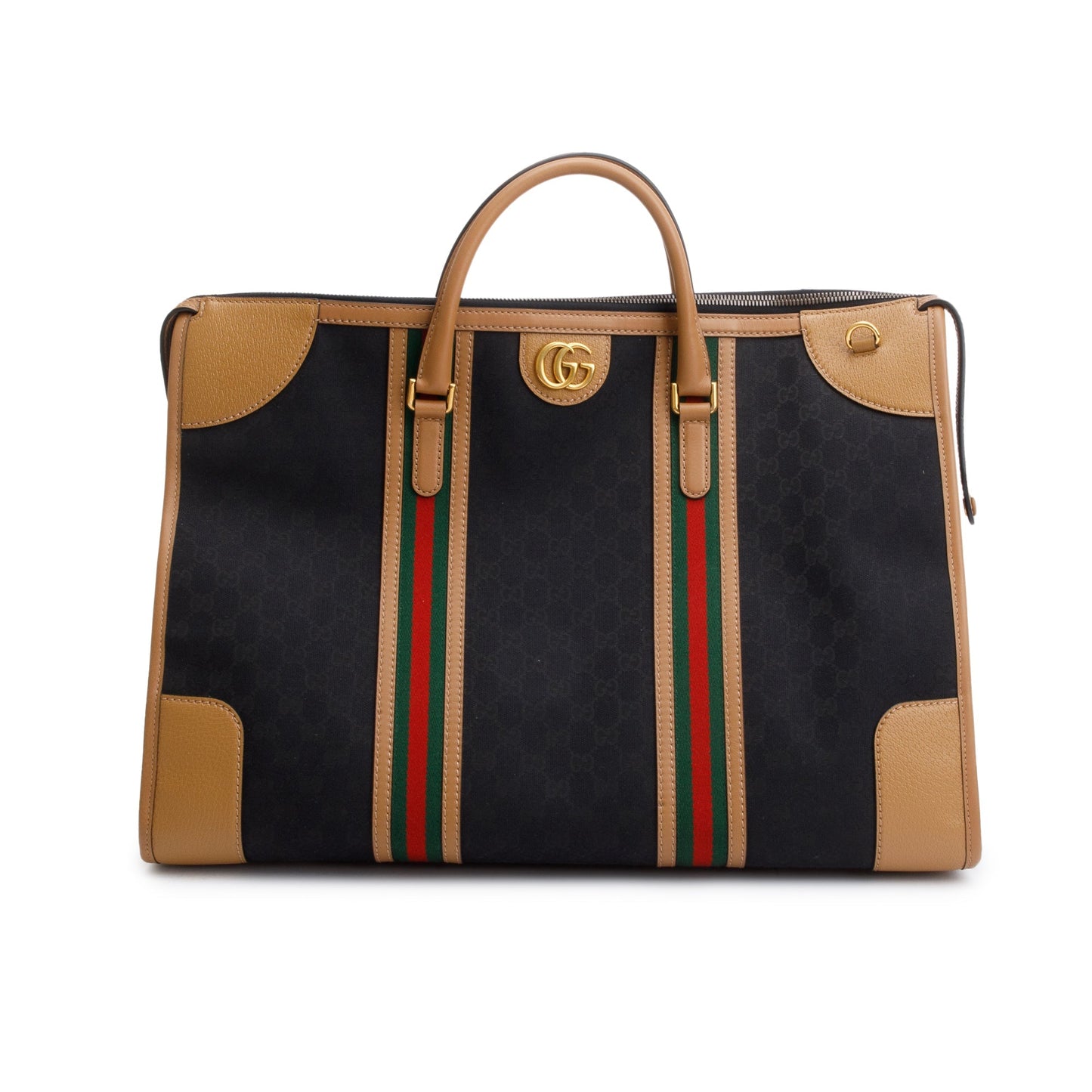 Gucci Brown GG Canvas Tan Leather Bauletto Extra Large Duffle Bag
