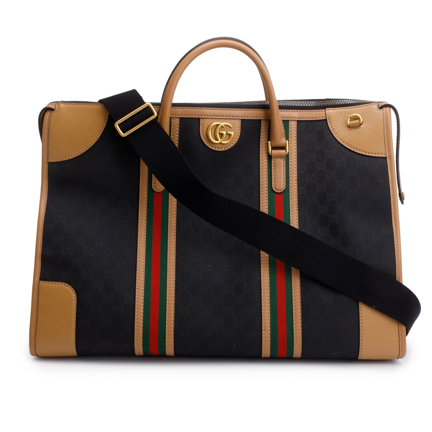 Gucci Brown GG Canvas Tan Leather Bauletto Extra Large Duffle Bag