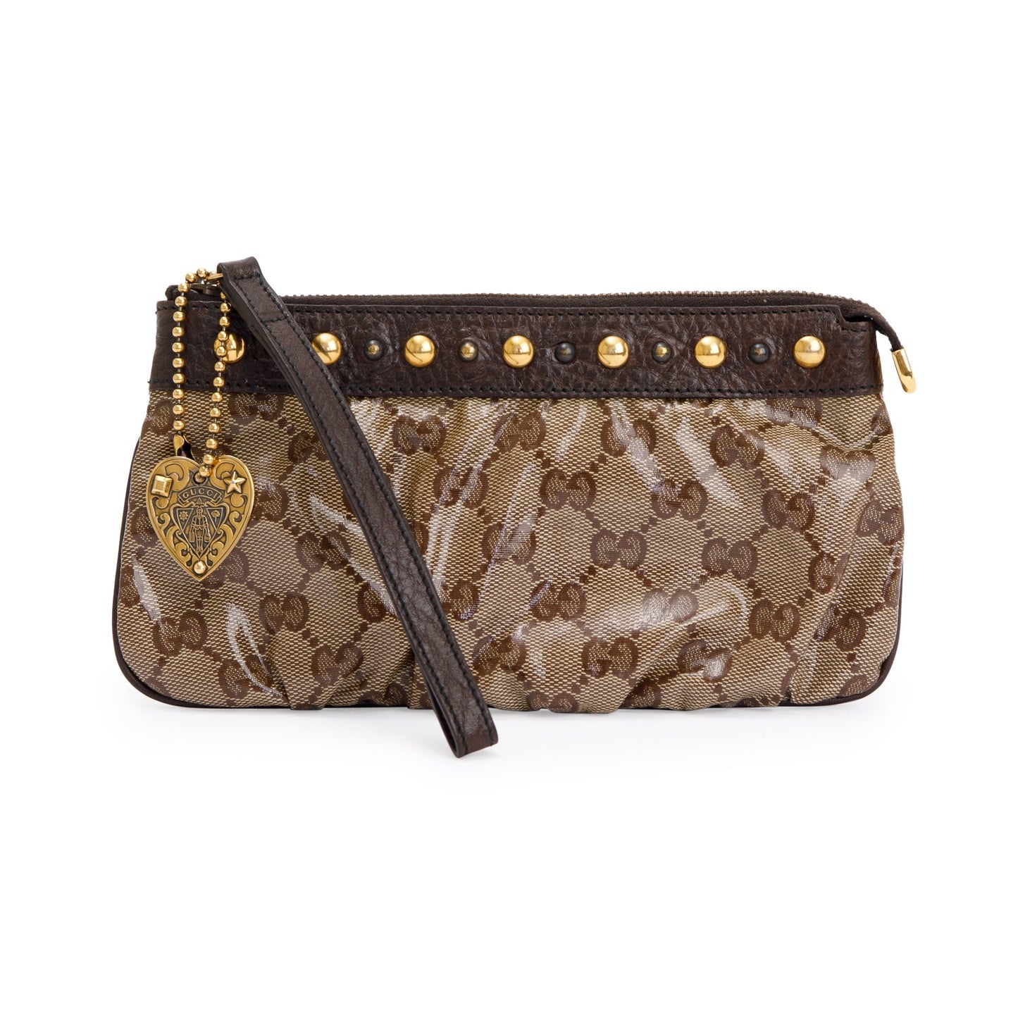Gucci Brown GG Crystal Monogram Babouska Wristlet Pouch