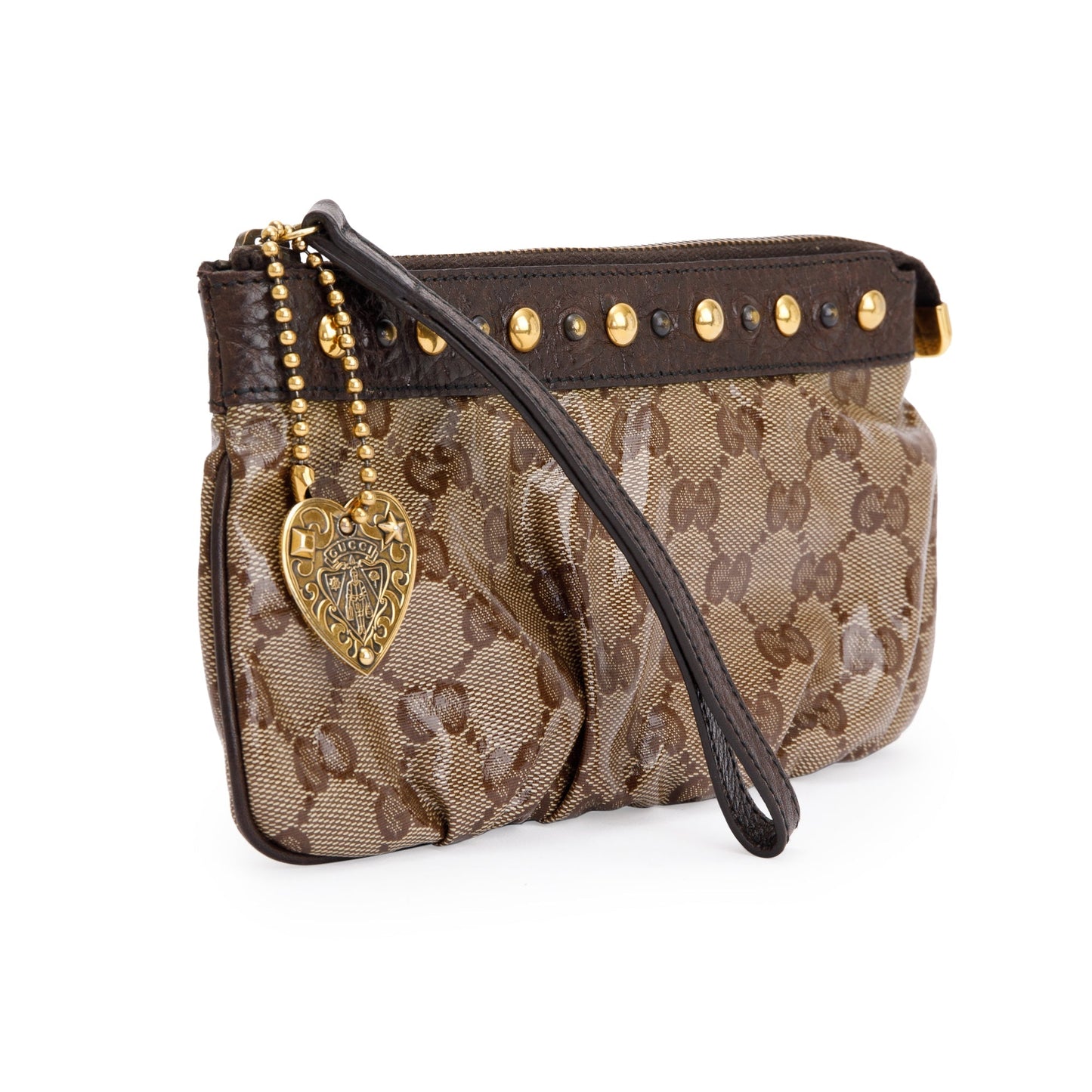 Gucci Brown GG Crystal Monogram Babouska Wristlet Pouch