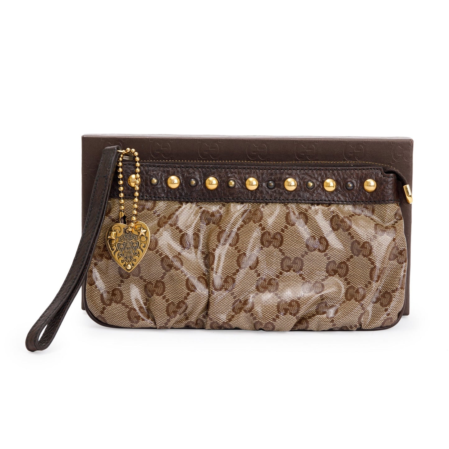 Gucci Brown GG Crystal Monogram Babouska Wristlet Pouch