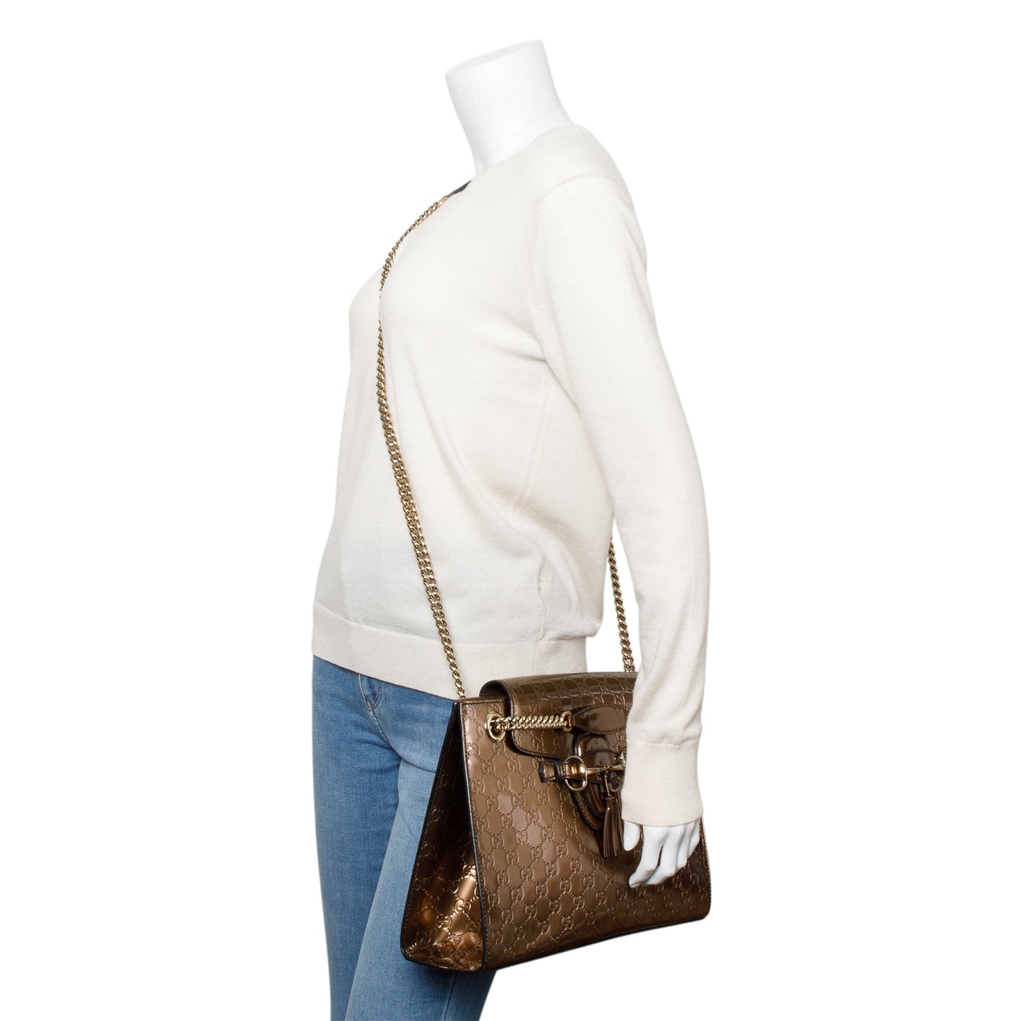 Gucci Brown GG Signature Patent Leather Large Emily Chain Shoulder Bag