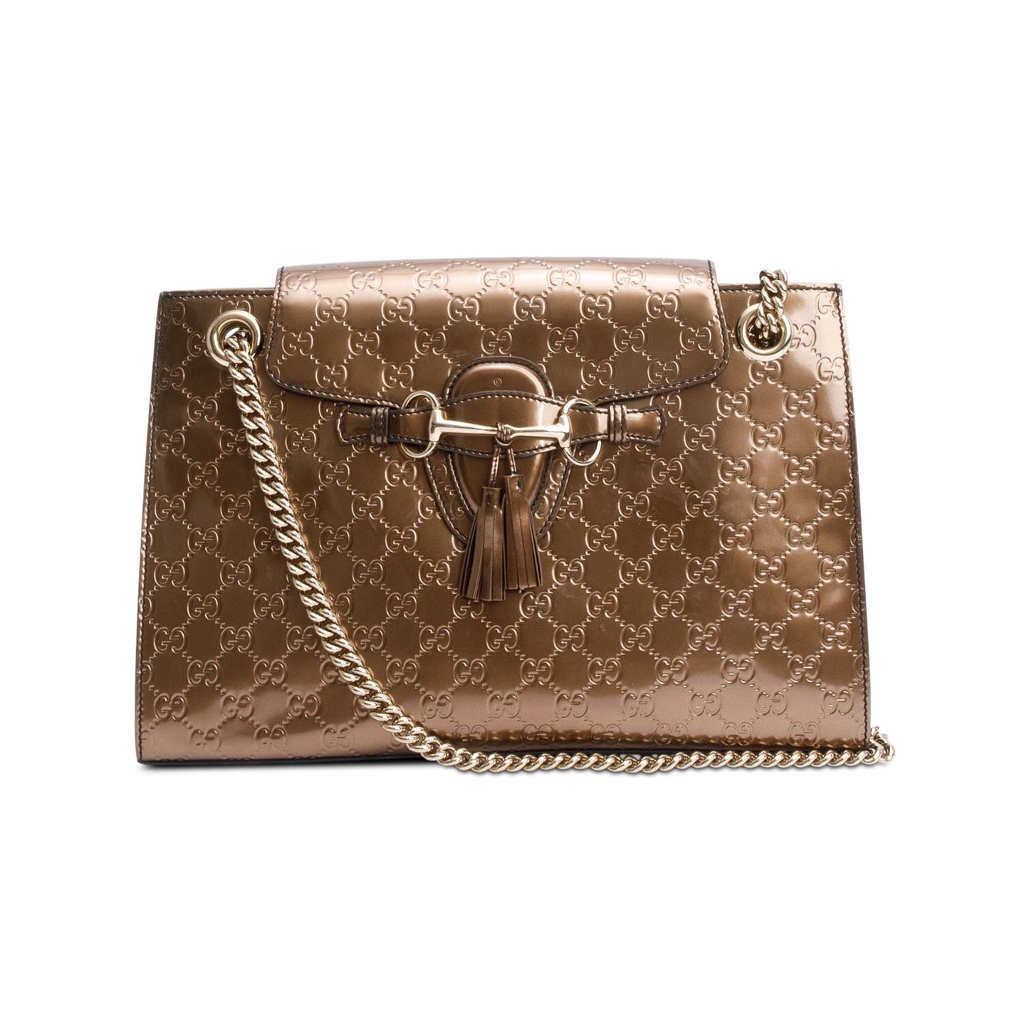 Gucci Brown GG Signature Patent Leather Large Emily Chain Shoulder Bag