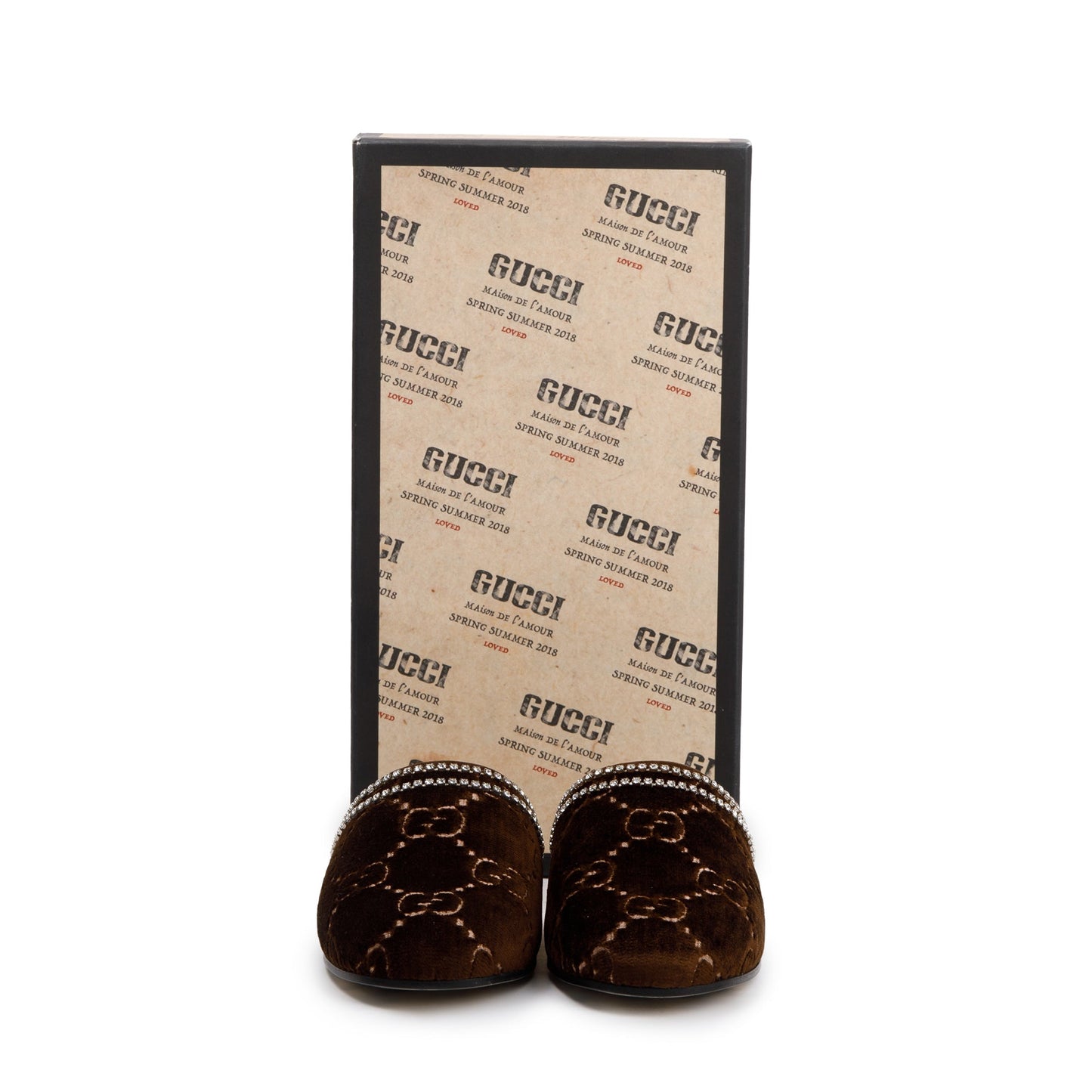 Gucci Brown GG Velvet Crystal Mules, Size 36