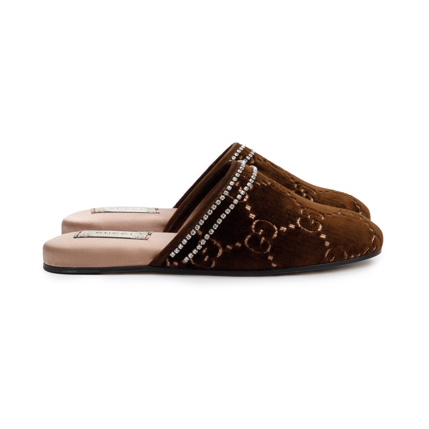 Gucci Brown GG Velvet Crystal Mules, Size 36
